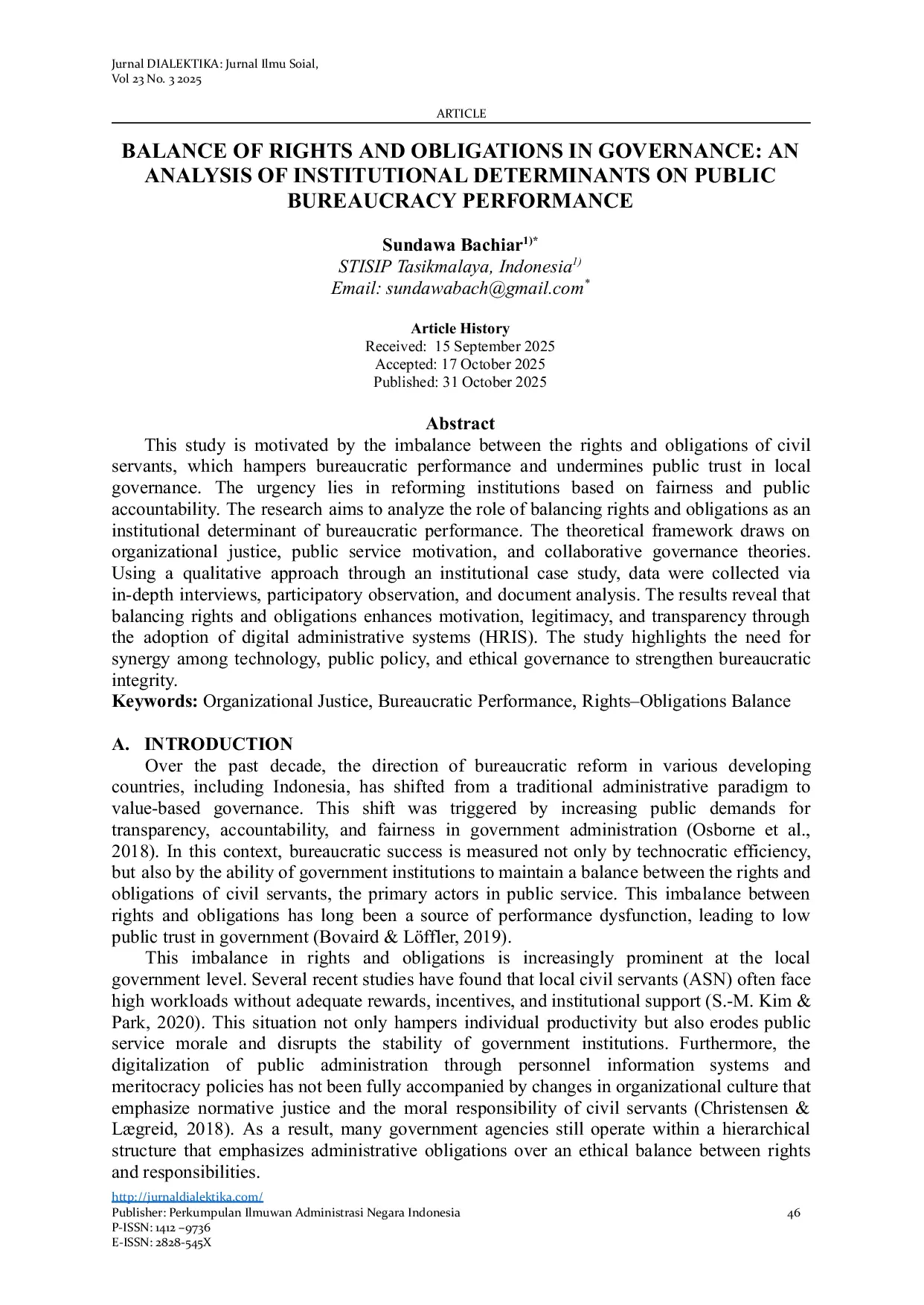 JURIS Balance of Rights and Obligations in Governance an Analysis of Institutional Determinants on Public Bureaucracy Performance