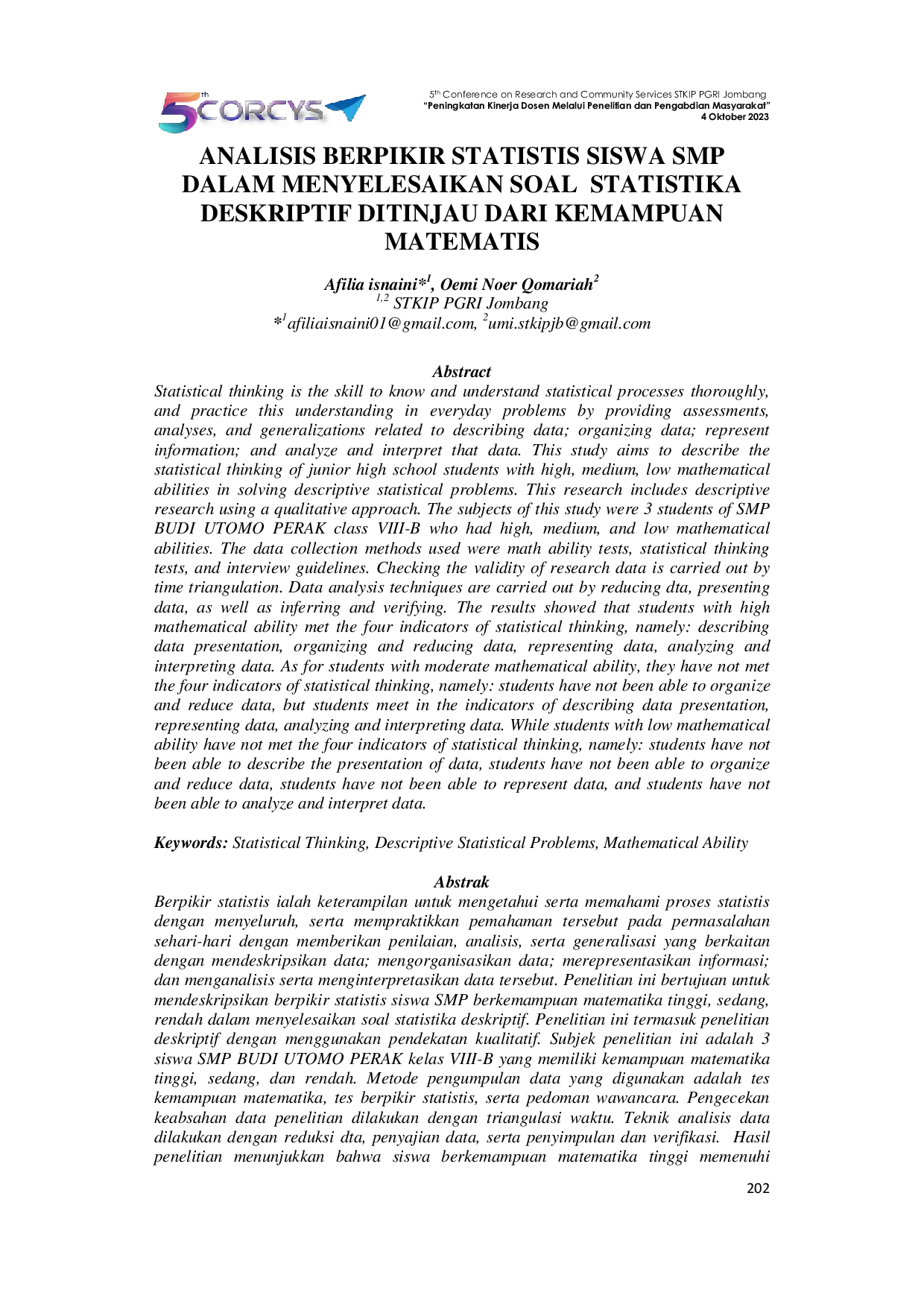 JURIS Analisis Berpikir Statistis Siswa SMP dalam Menyelesaikan Soal Statistika Deskriptif Ditinjau dari Kemampuan Matematis