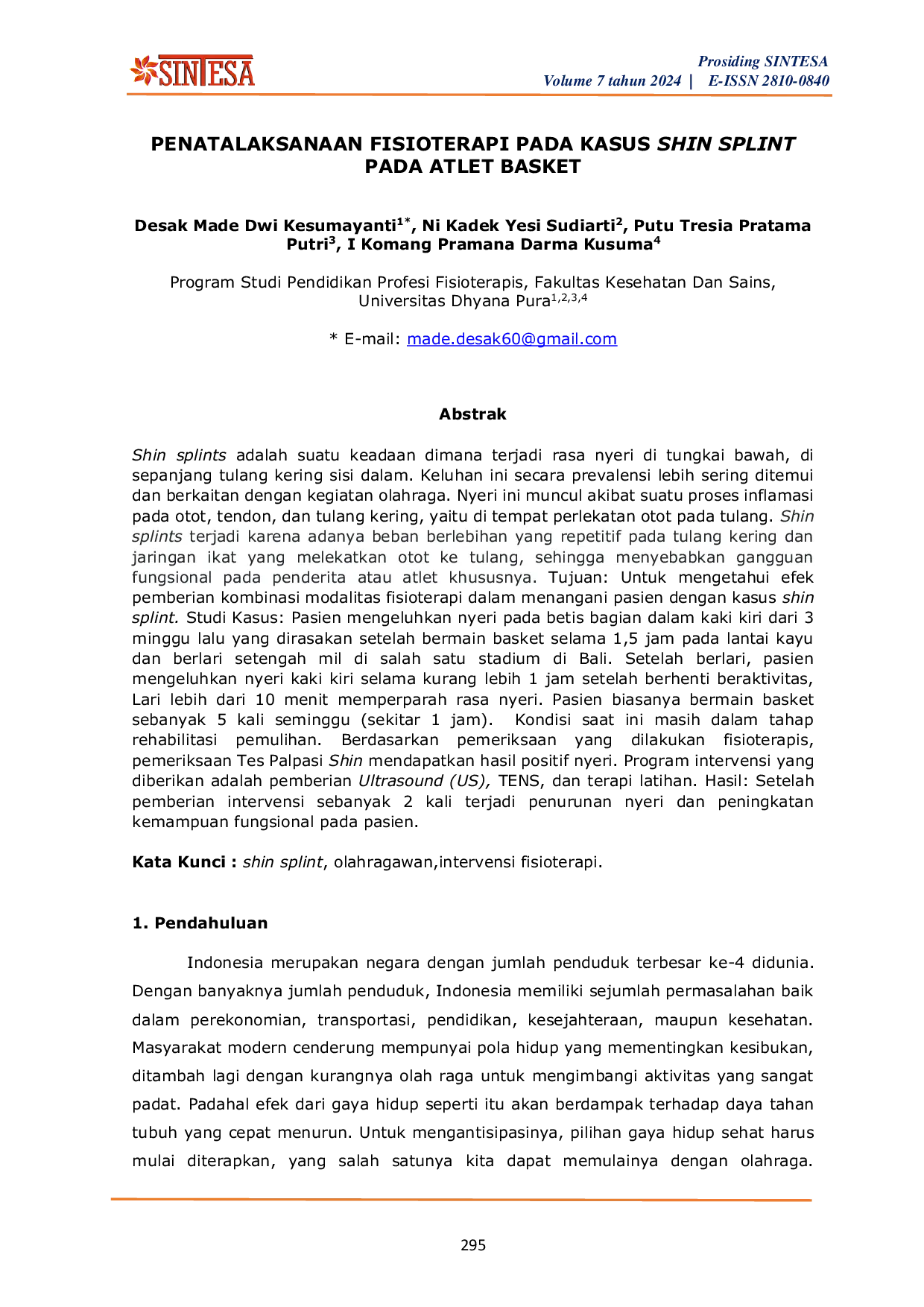 JURIS Penatalaksanaan Fisioterapi pada Kasus Shin Splint pada Atlet Basket