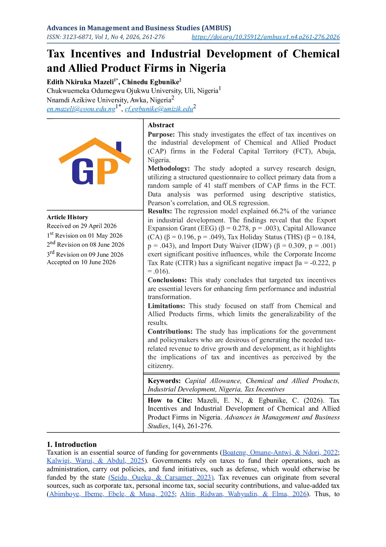 JURIS Tax Incentives and Industrial Development of Chemical and Allied Product Firms in Nigeria