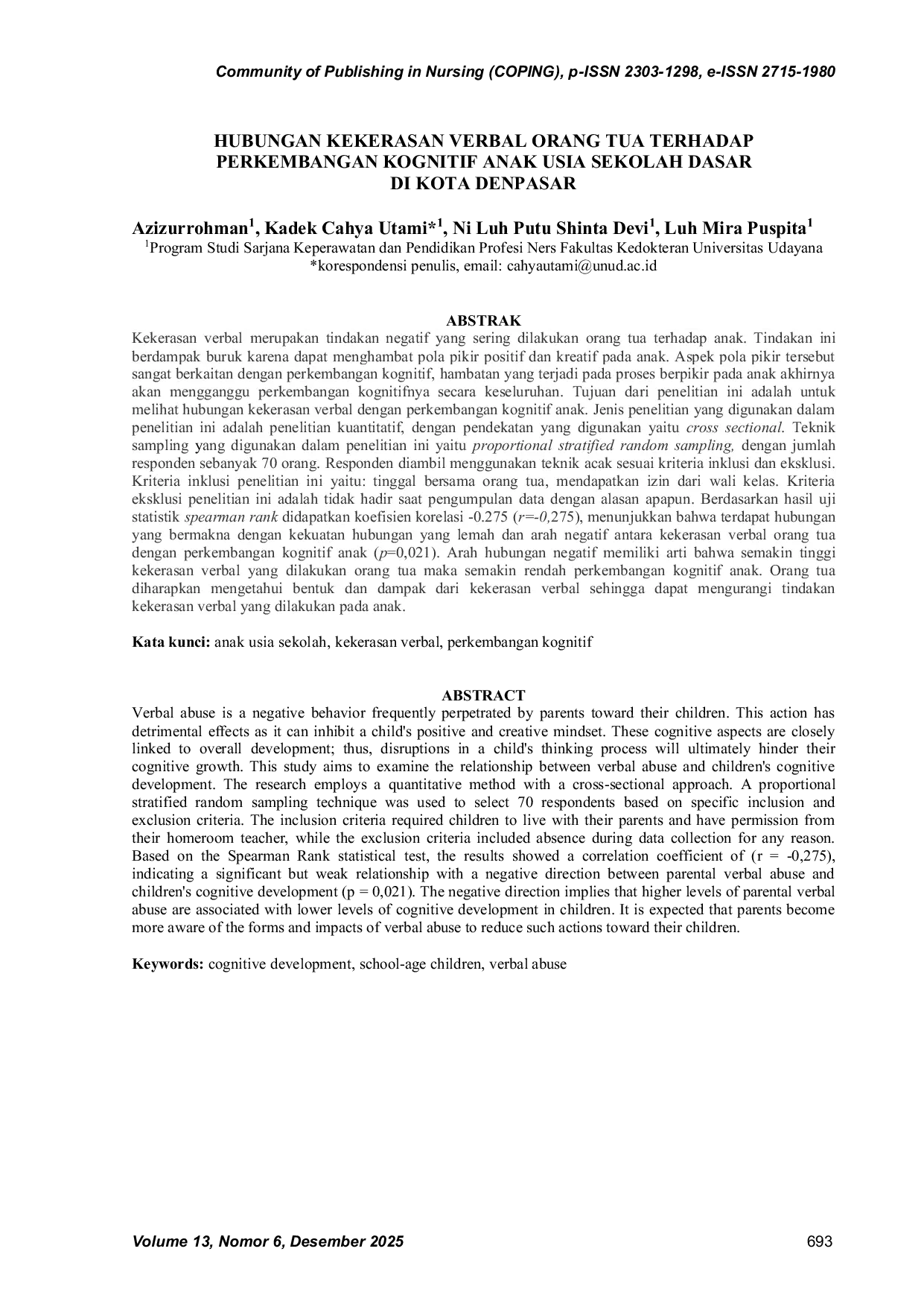 JURIS Hubungan Kekerasan Verbal Orang Tua Terhadap Perkembangan Kognitif Anak Usia Sekolah Dasar Di Kota Denpasar