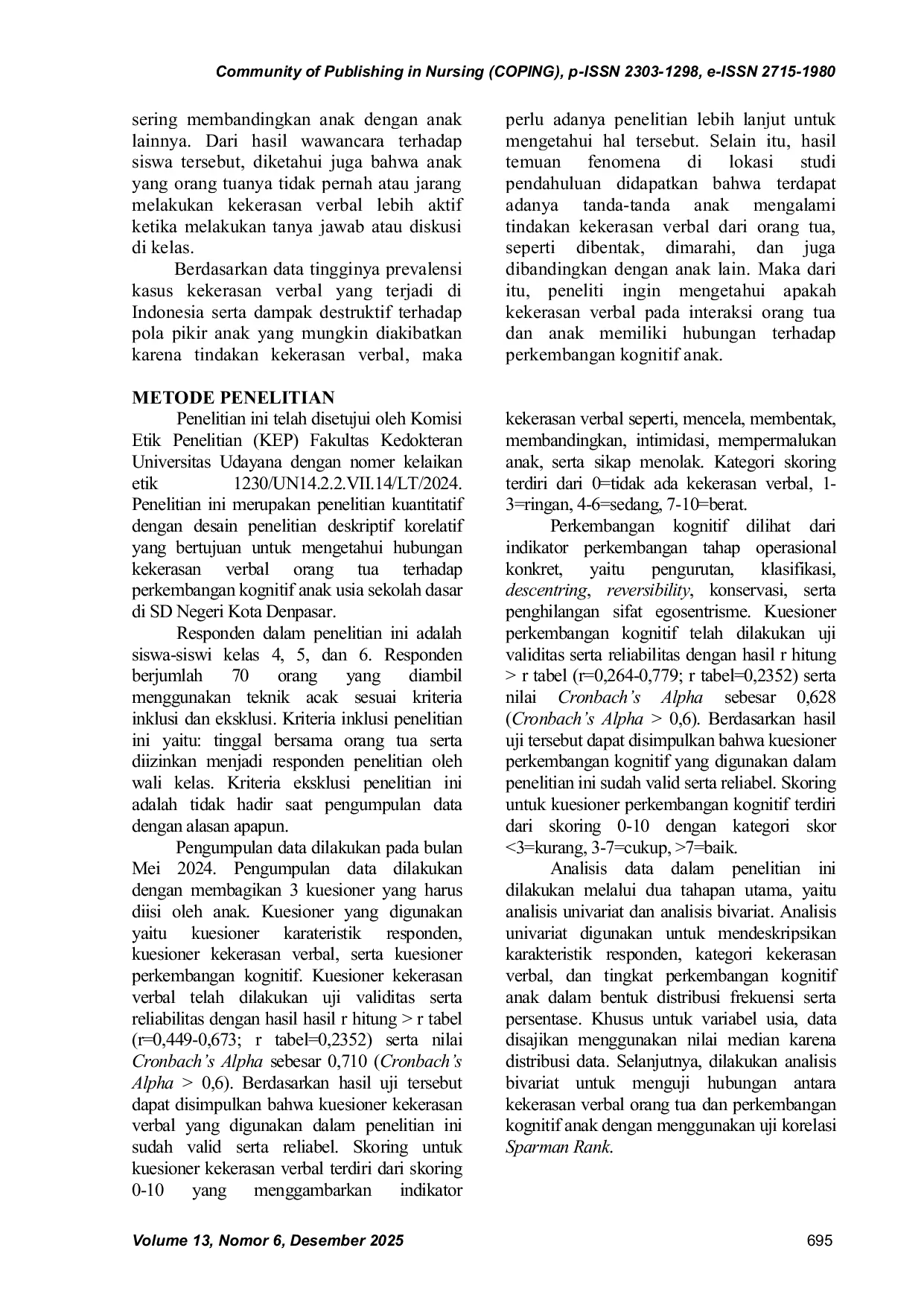 JURIS Hubungan Kekerasan Verbal Orang Tua Terhadap Perkembangan Kognitif Anak Usia Sekolah Dasar Di Kota Denpasar