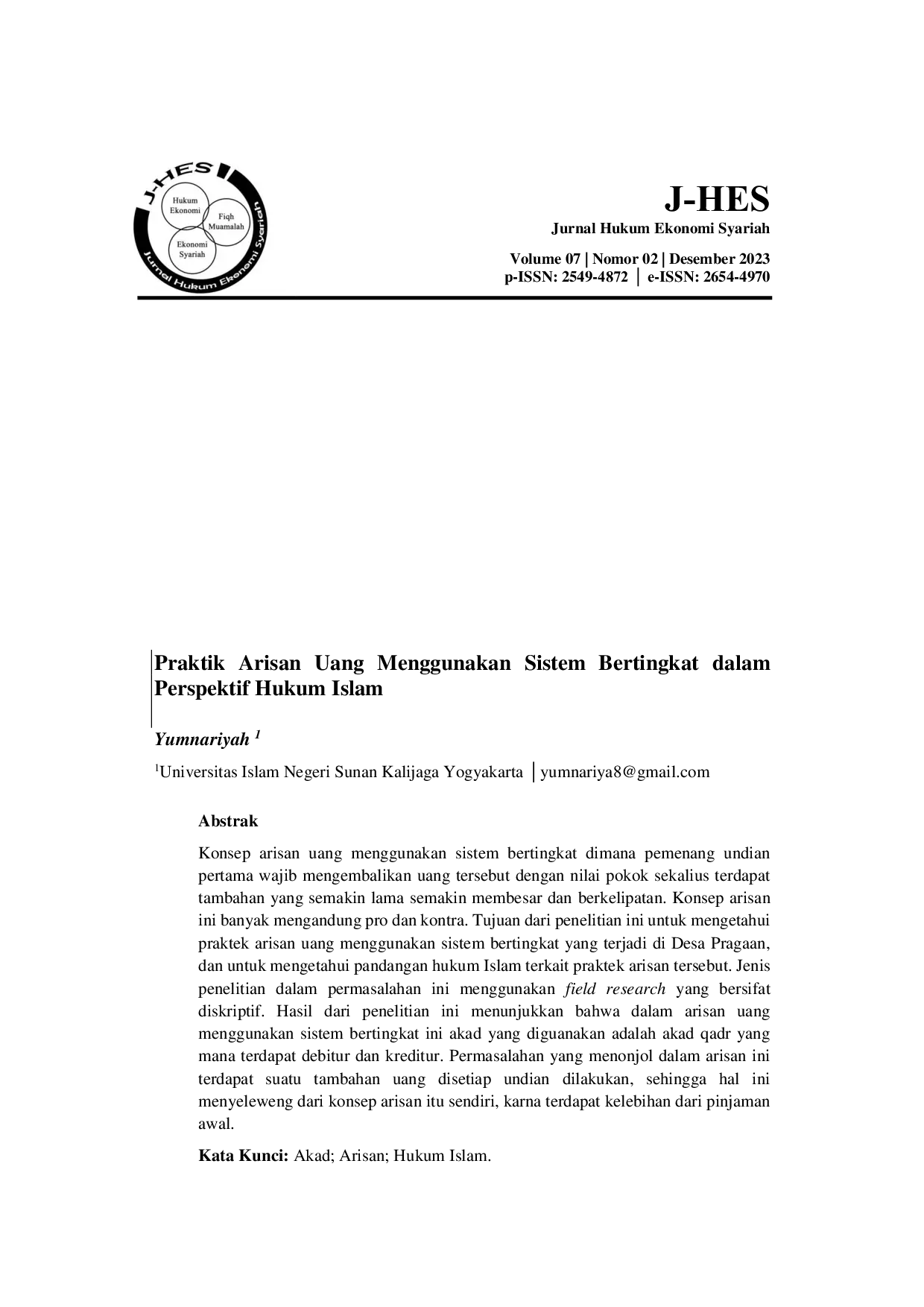 JURIS Praktik Arisan Uang Menggunakan Sistem Bertingkat dalam Perspektif Hukum Islam