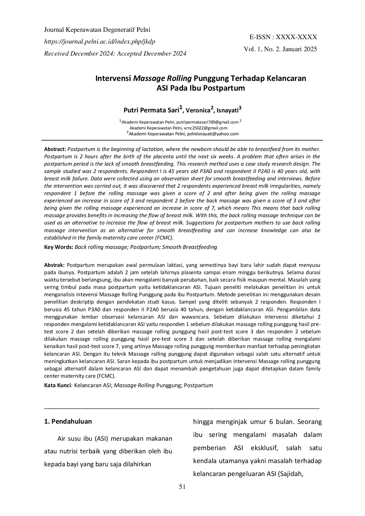 JURIS Intervensi Massage Rolling Punggung Terhadap Kelancaran ASI Pada Ibu Postpartum