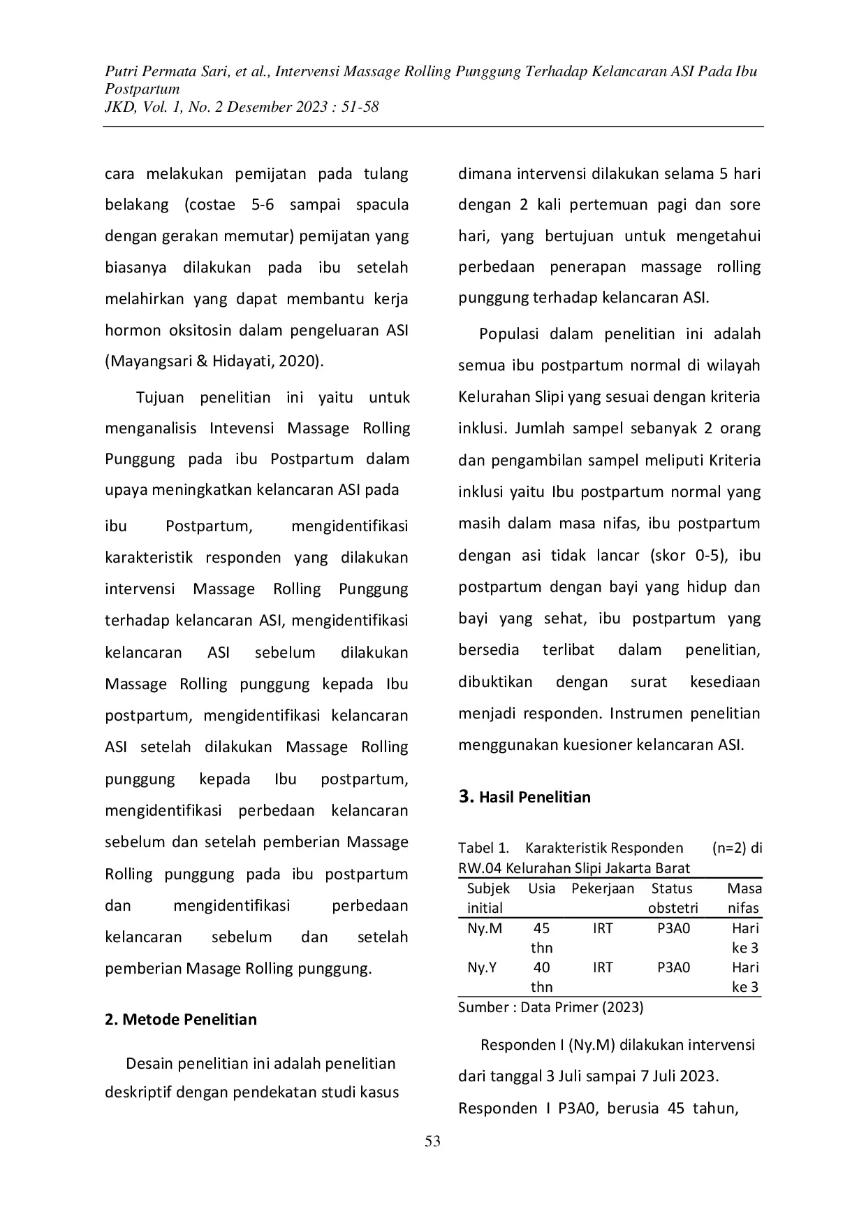 JURIS Intervensi Massage Rolling Punggung Terhadap Kelancaran ASI Pada Ibu Postpartum
