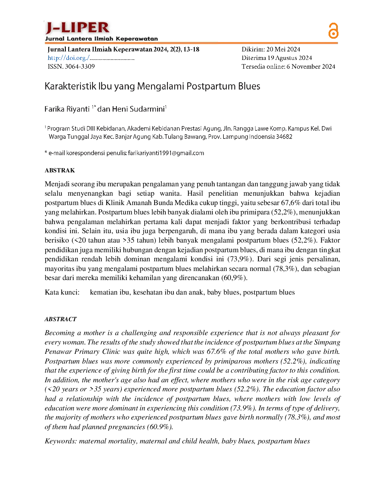 JURIS Karakteristik Ibu yang Mengalami Postpartum Blues