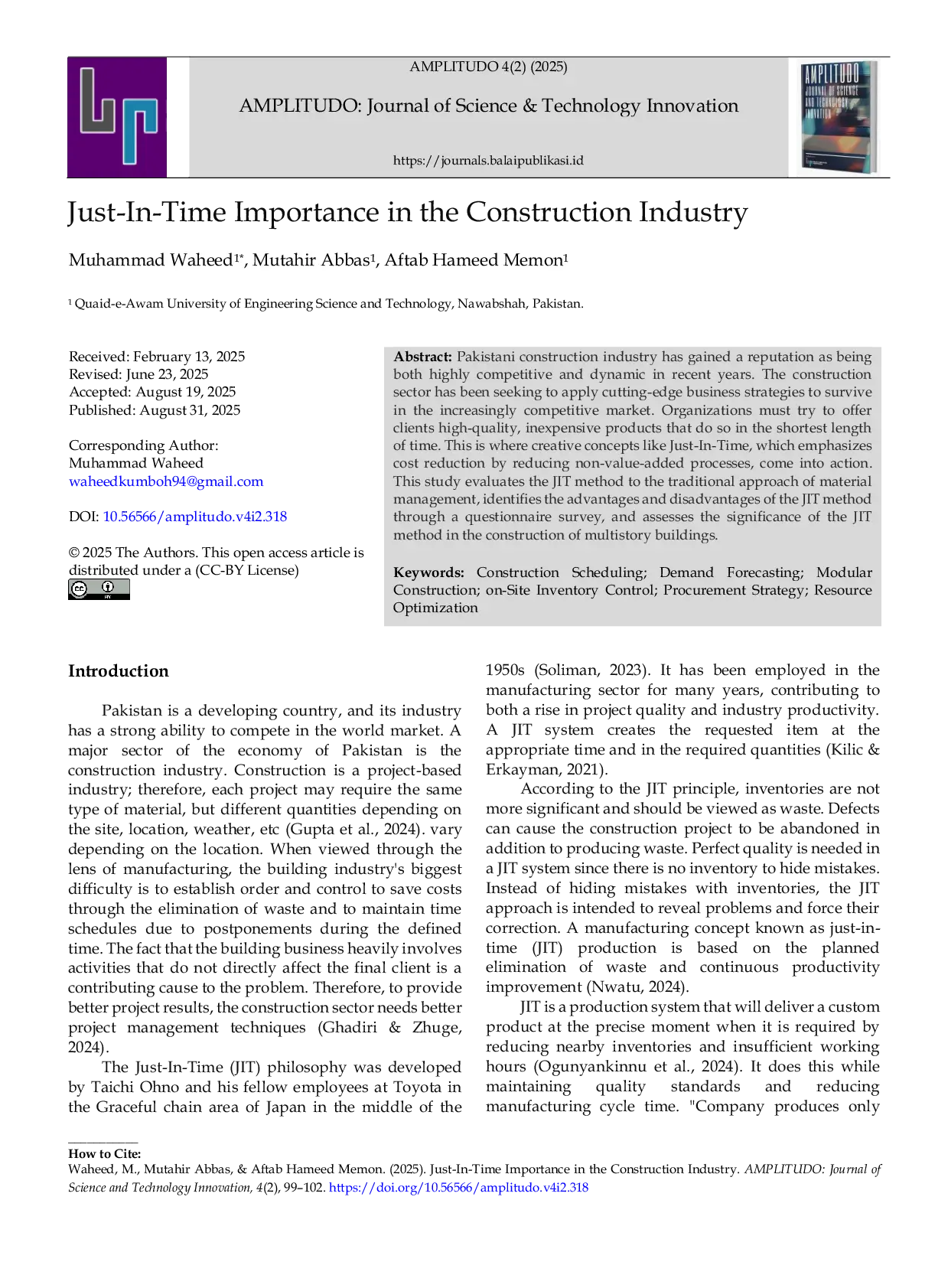 JURIS Just In Time Importance in the Construction Industry