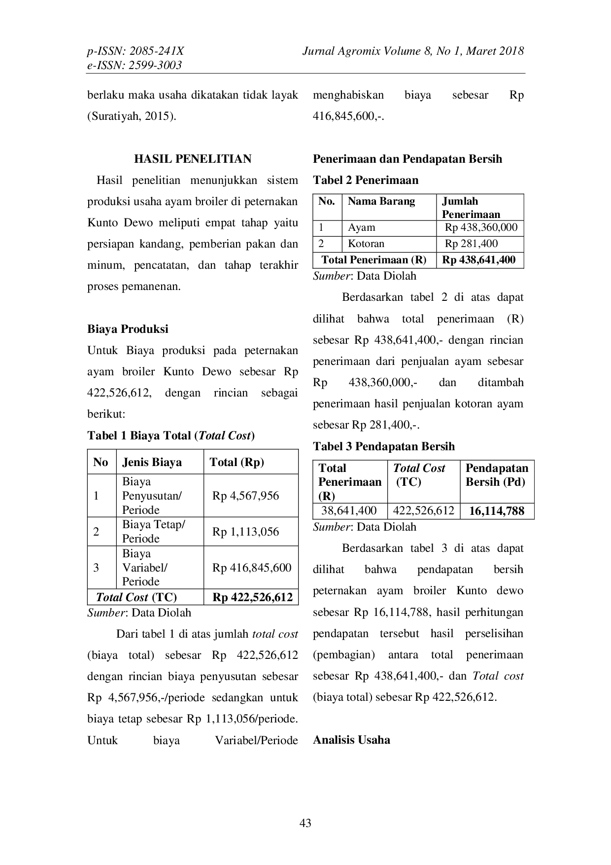 JURIS Analisis Usaha Ternak Ayam Broiler Studi Kasus Di Ternak Ayam Kunto Dewo Dusun Damar Desa Sekarmojo