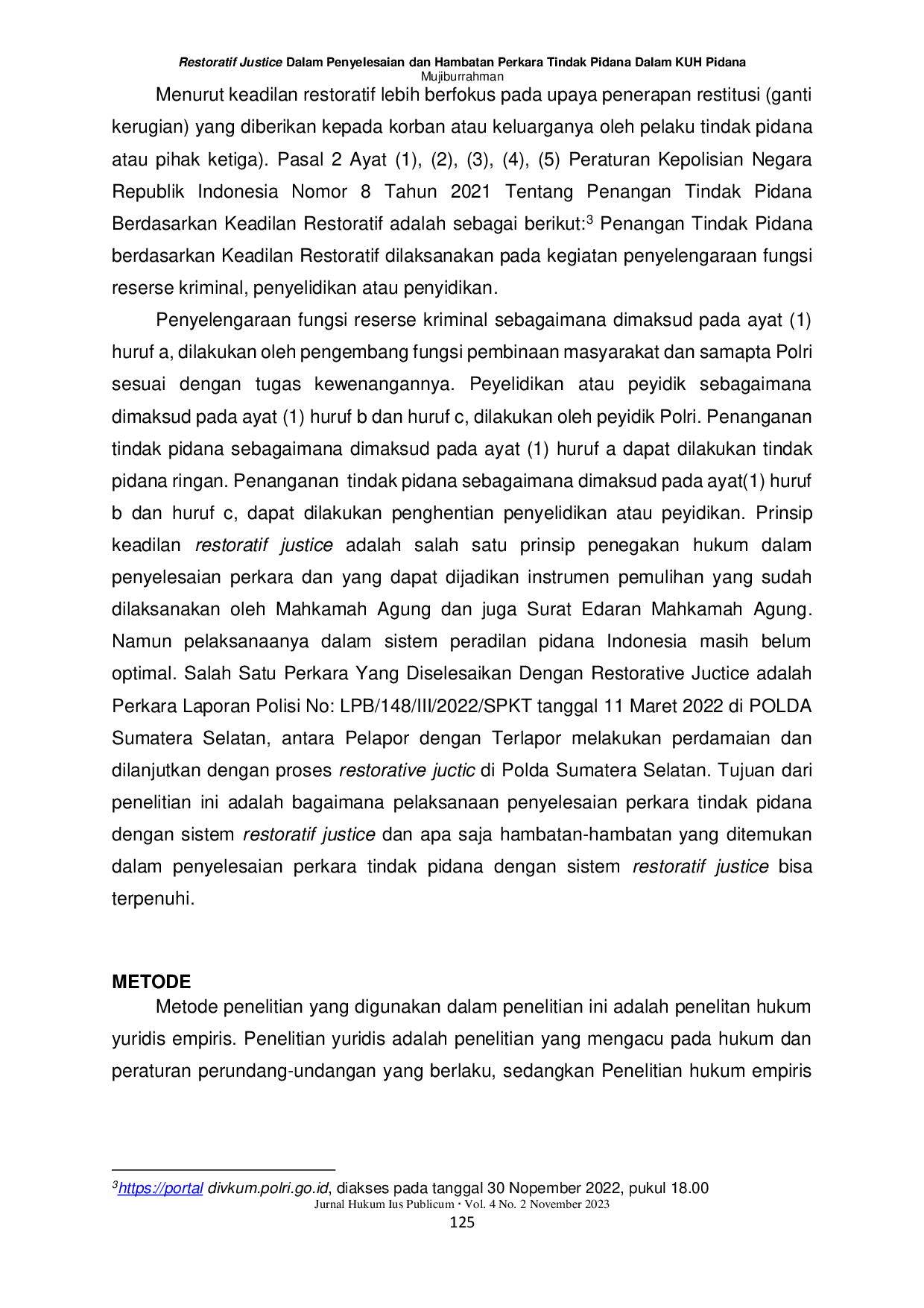 JURIS Restoratif Justice Dalam Penyelesaian Dan Hambatan Perkara Tindak Pidana Dalam Kuh Pidana