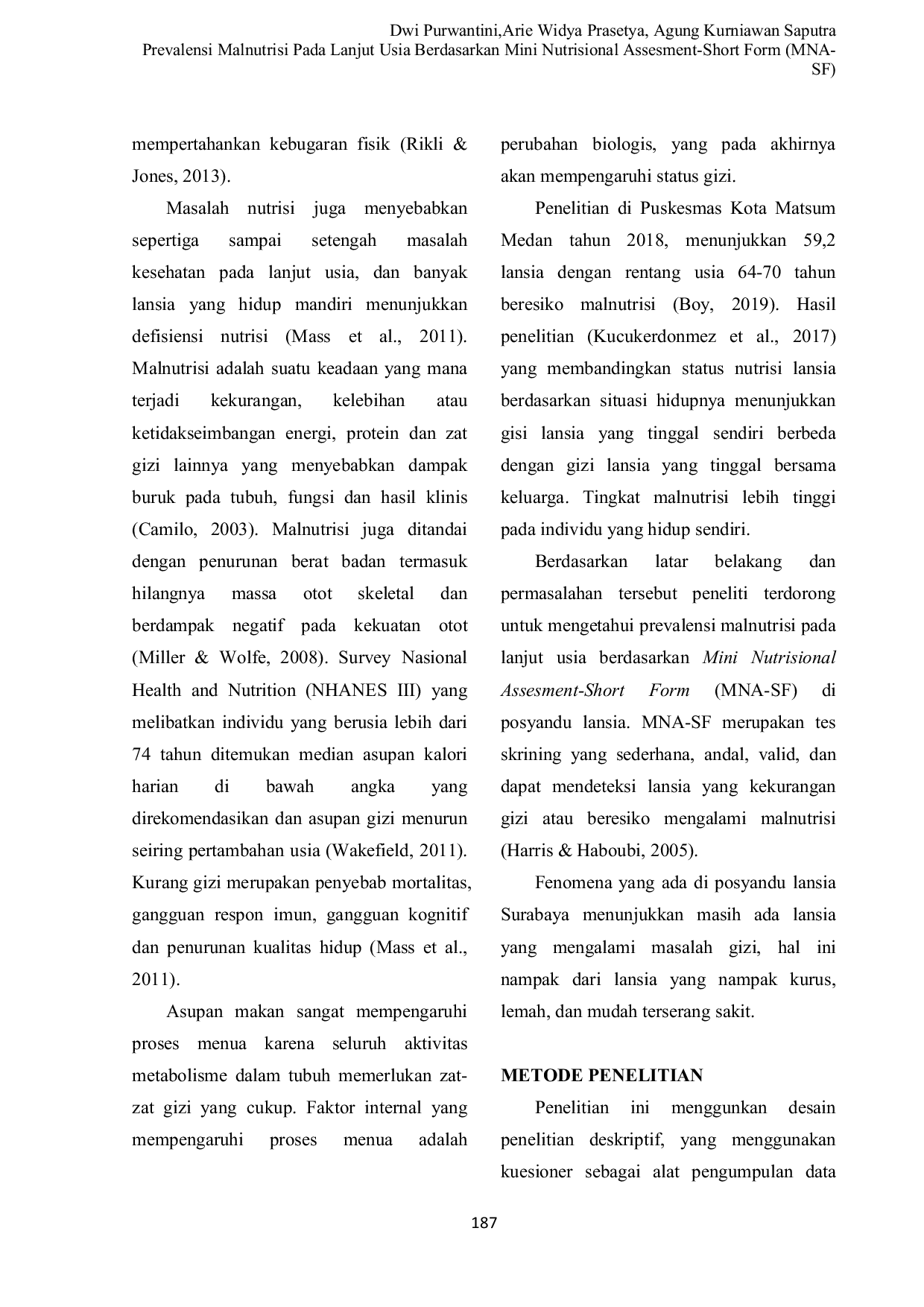 JURIS Revalensi Malnutrisi Pada Lanjut Usia Berdasarkan Mini Nutrisional Assesment Short Form MNA SF