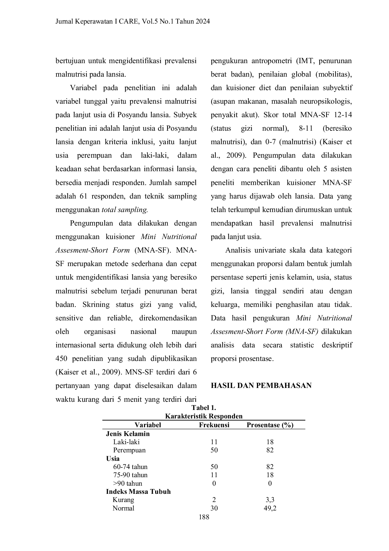 JURIS Revalensi Malnutrisi Pada Lanjut Usia Berdasarkan Mini Nutrisional Assesment Short Form MNA SF