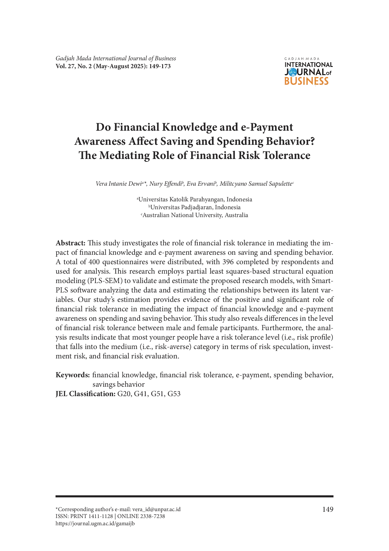JURIS Do Financial Knowledge And e Payment Awareness Affect Saving And Spending Behavior The Mediating Role Of Financial Risk Tolerance