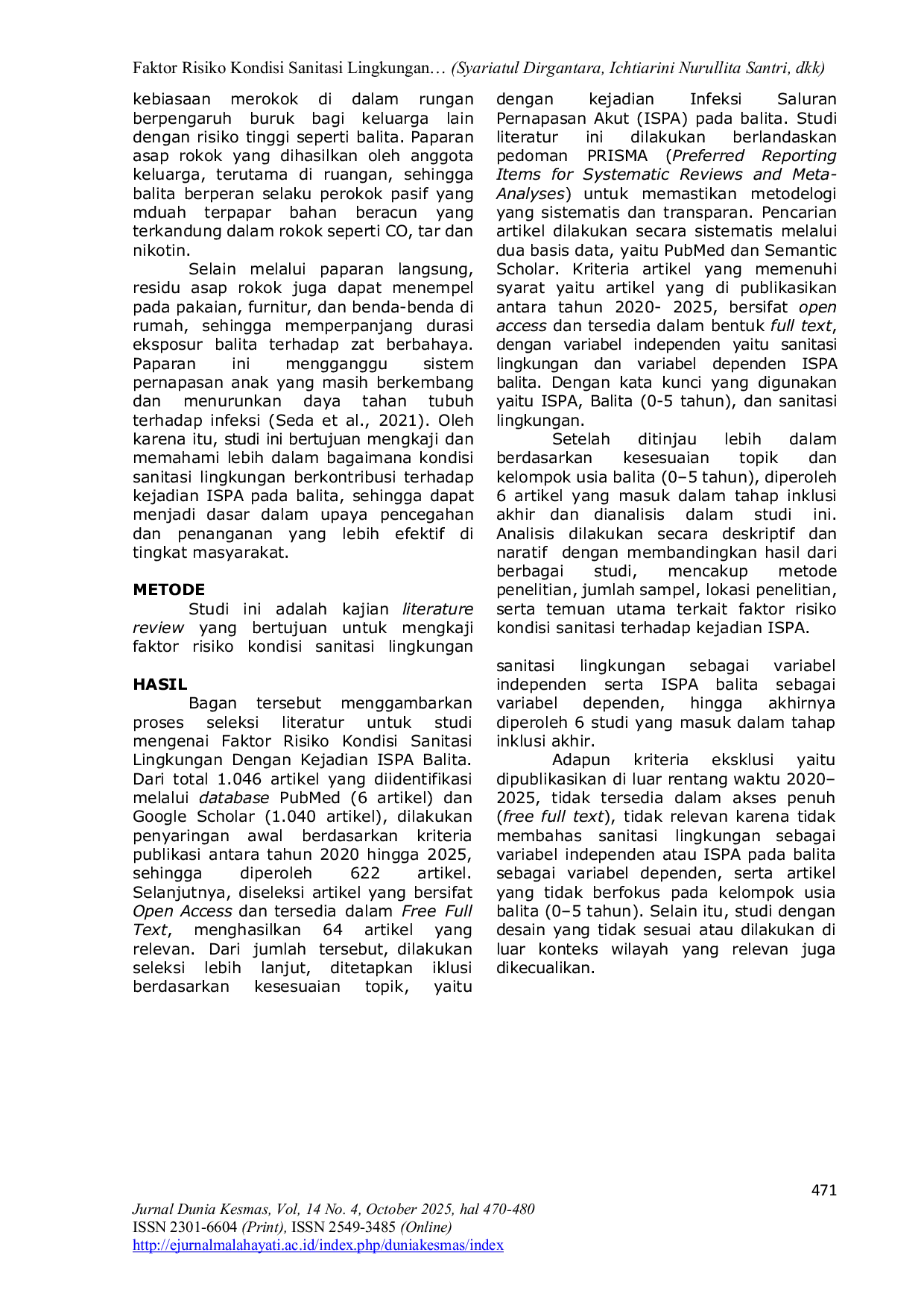 JURIS Faktor Risiko Kondisi Sanitasi Lingkungan Dengan Kejadian ISPA Balita Literature Review