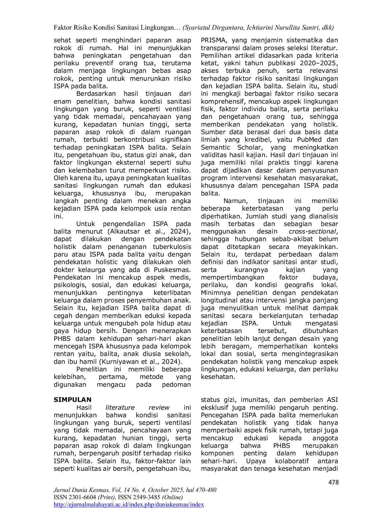 JURIS Faktor Risiko Kondisi Sanitasi Lingkungan Dengan Kejadian ISPA Balita Literature Review