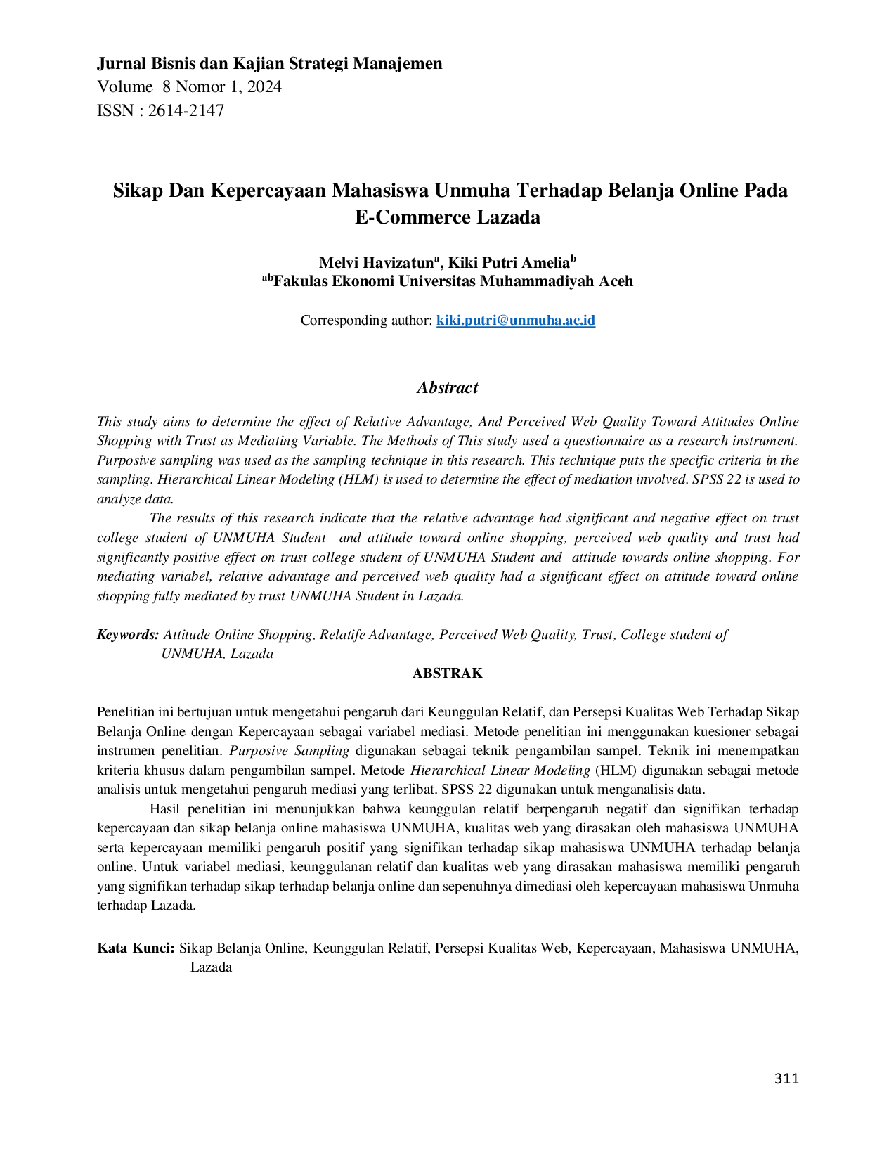 JURIS Sikap Dan Kepercayaan Mahasiswa Unmuha Terhadap Belanja Online Pada E Commerce Lazada