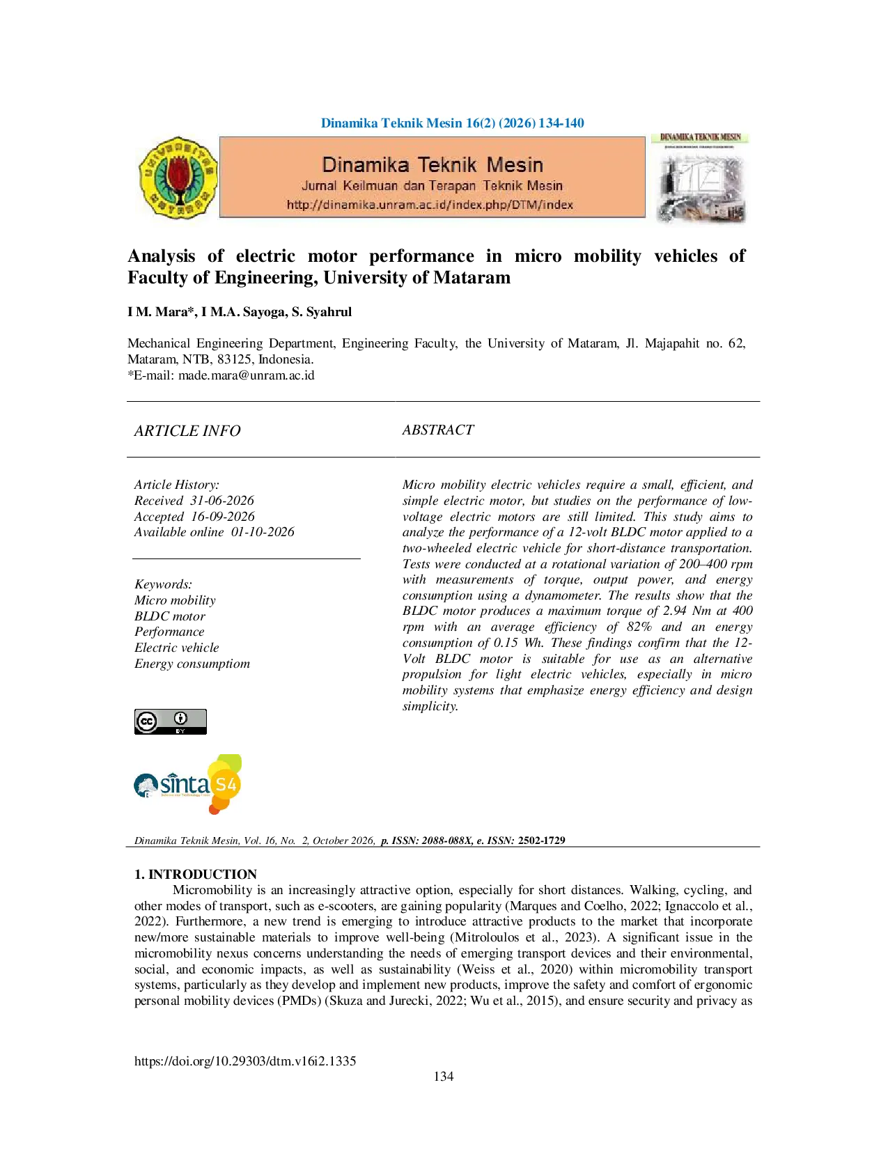 JURIS Analysis of electric motor performance in micro mobility vehicles of Faculty of Engineering University of Mataram