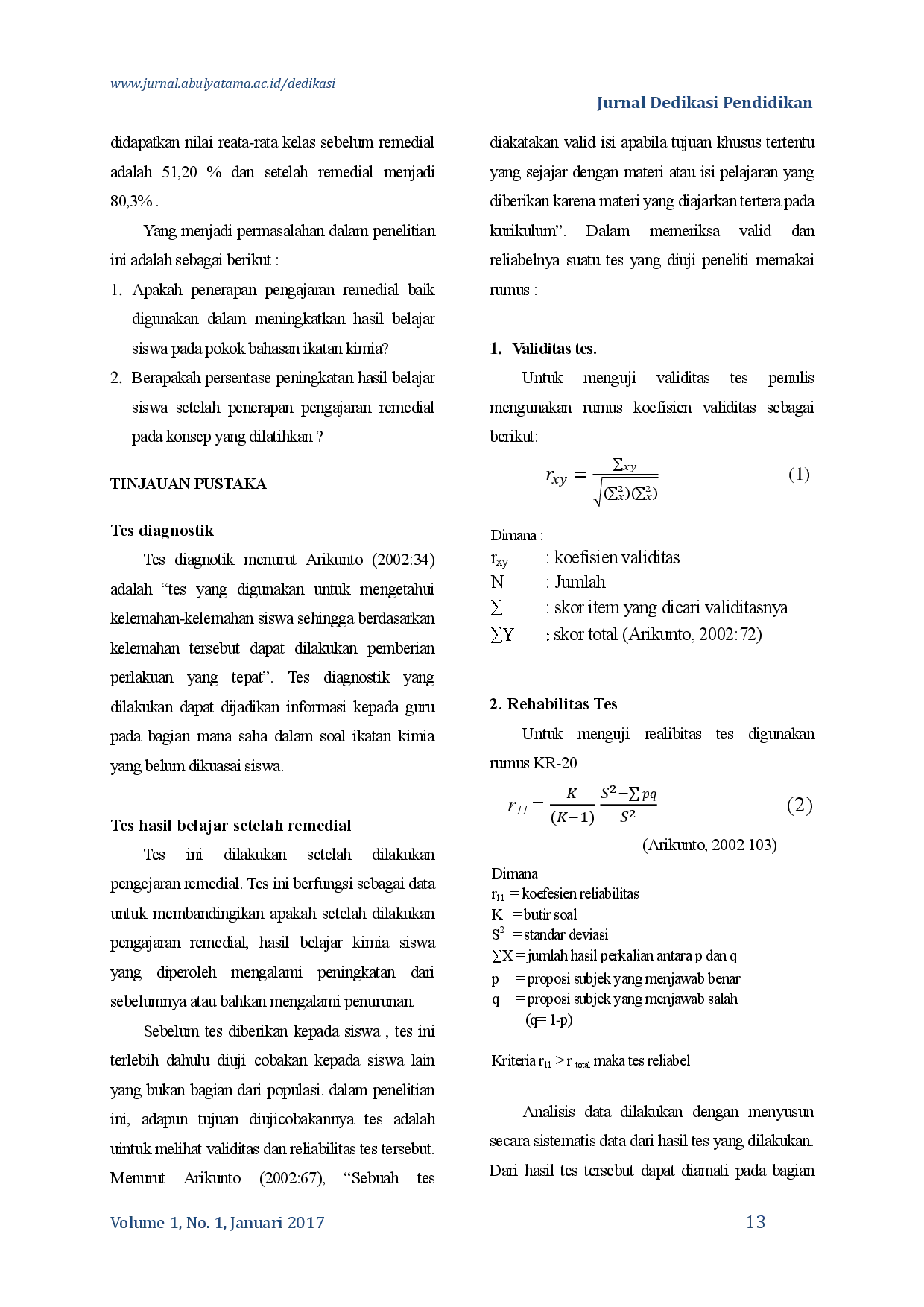 juris Penerapan Pengajaran Remedial Terhadap Peningkatan Hasil Belajar Siswa Pada Pokok Bahasan Ikatan Ion Dan Ikatan Kovalen