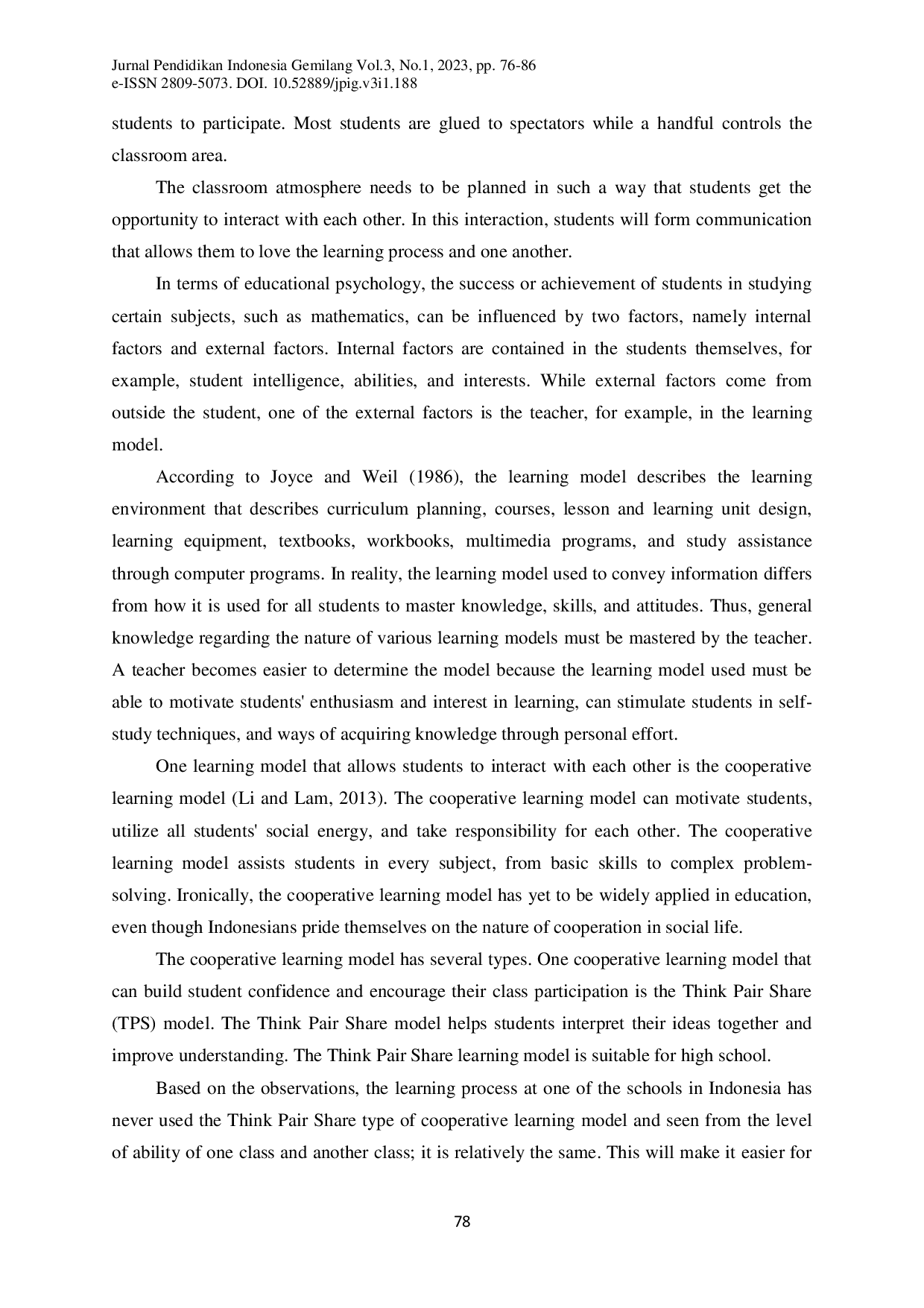 juris The Use of the Think Pair Share on Senior High School Students Mathematics Learning Achievement on Integral Concept