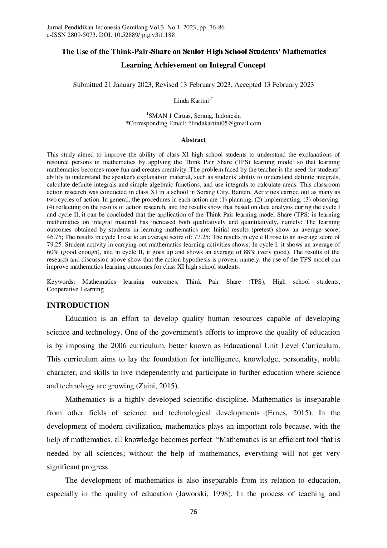 juris The Use of the Think Pair Share on Senior High School Students Mathematics Learning Achievement on Integral Concept
