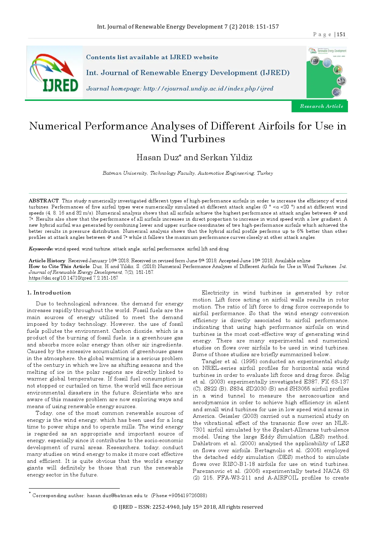 juris Numerical Performance Analyses of Different Airfoils for Use in Wind Turbines