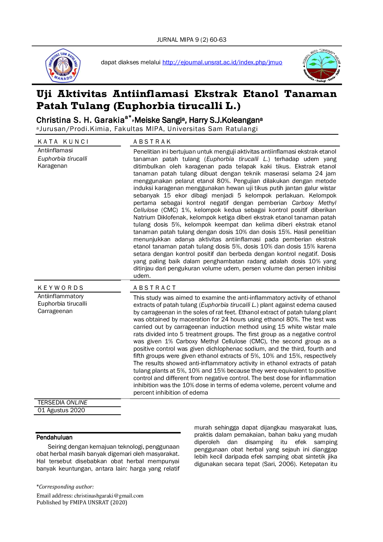 JURIS Uji Aktivitas Antiinflamasi Ekstrak Etanol Tanaman Patah Tulang Euphorbia tirucalli L