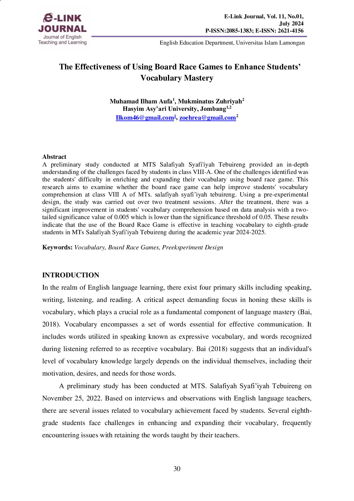 JURIS THE EFFECTIVENESS OF USING BOARD RACE GAMES TO ENHANCE STUDENTS VOCABULARY MASTERY A Pre experimental Study At Class VIII A of MTs Salafiyah Syafi iyah Tebuireng In The Academic Year of 2024 2025