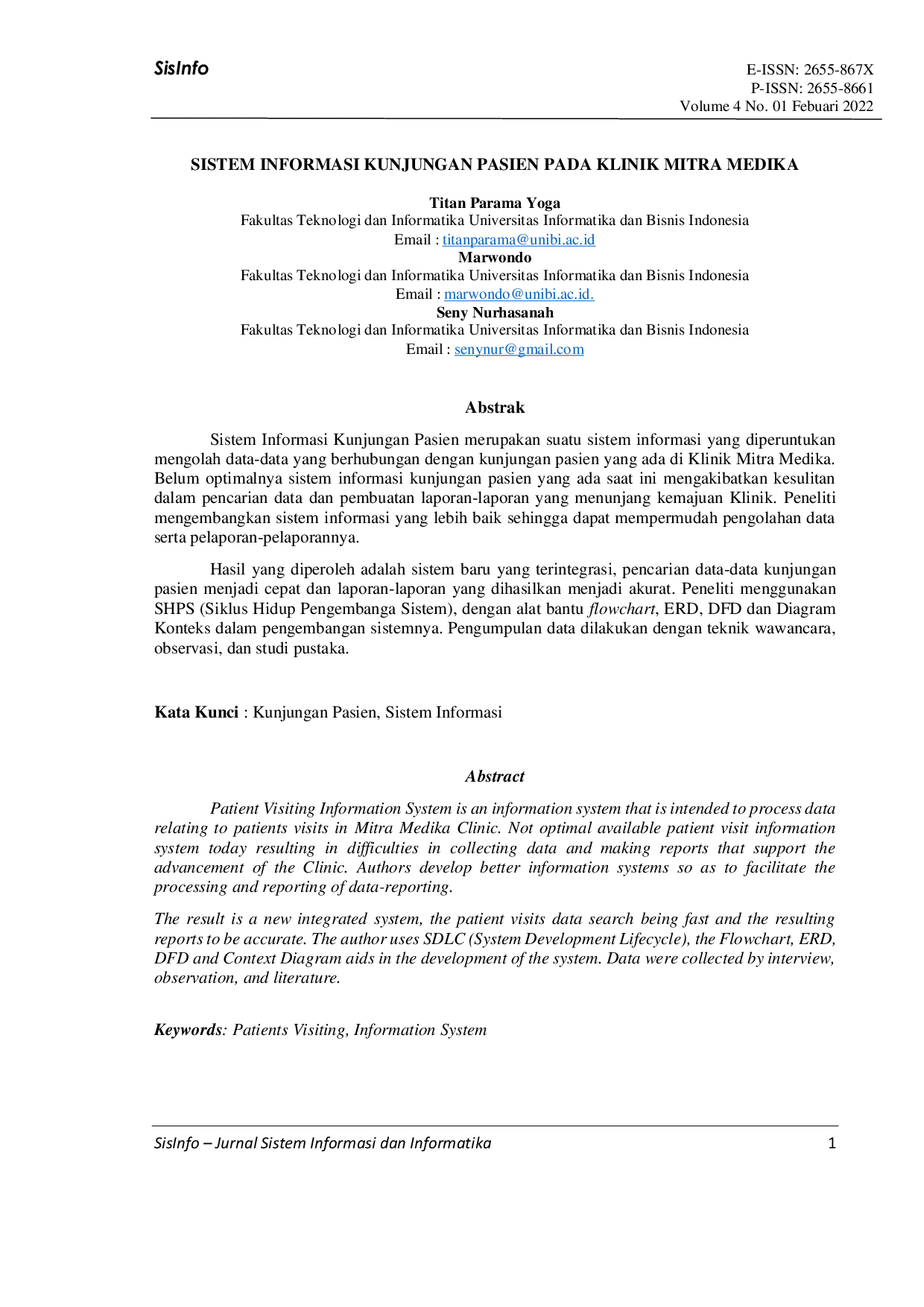 JURIS Sistem Informasi Kunjungan Pasien pada Klinik Mitra Medika