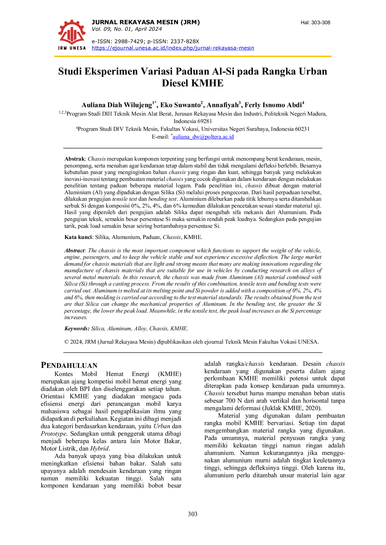 JURIS Studi Eksperimen Variasi Paduan Al Si pada Rangka Urban Diesel KMHE