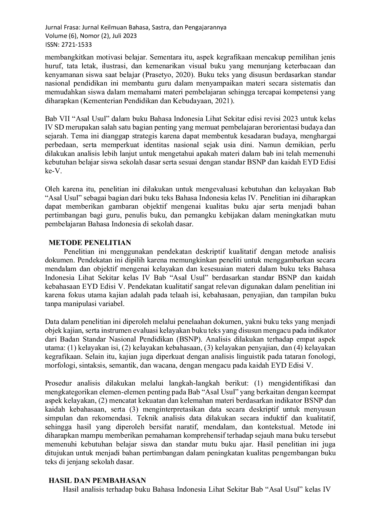 JURIS Analisis Buku Siswa Bahasa Indonesia Kelas IV Bab 7 Berdasarkan BSNP dan EYD