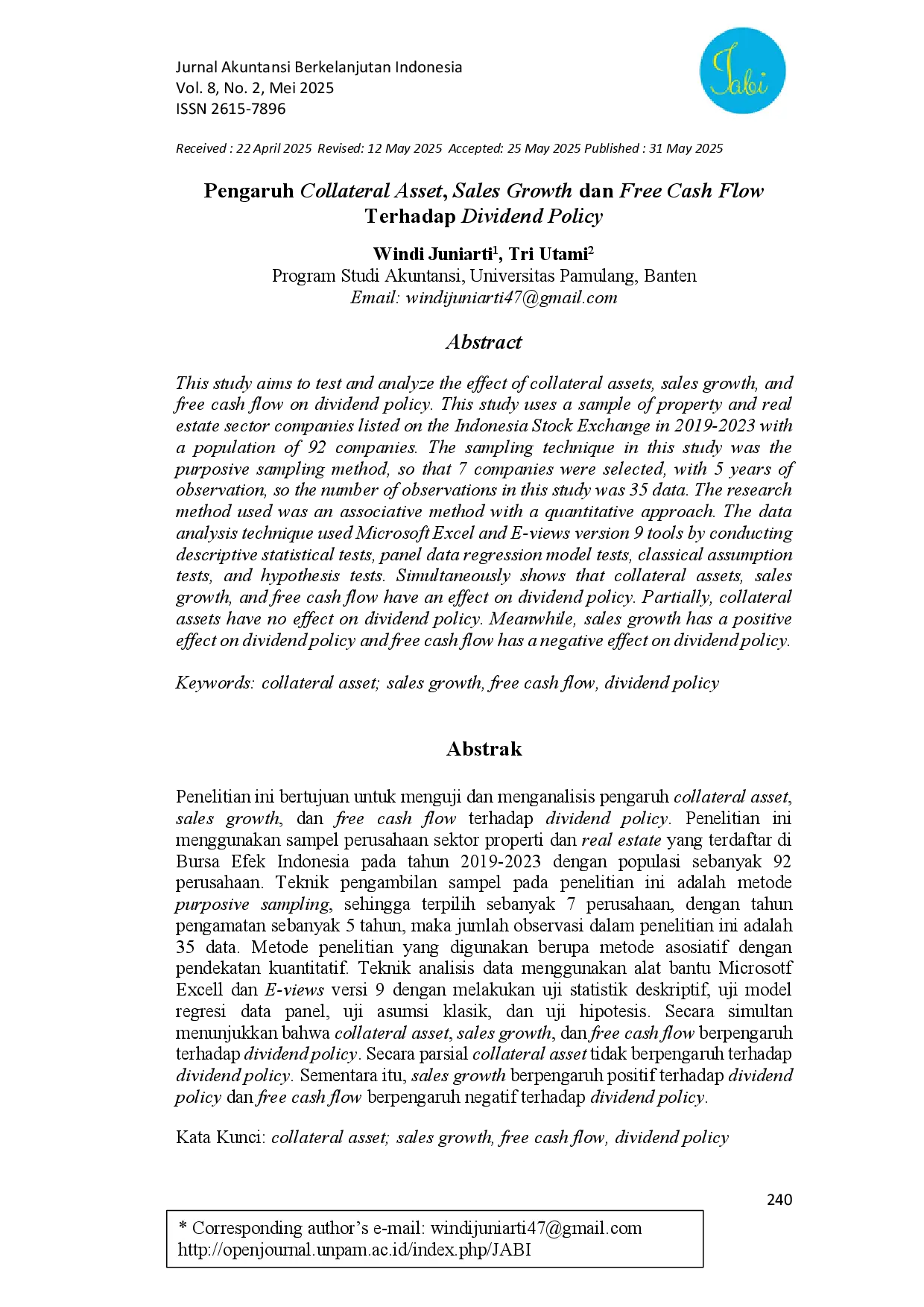 juris Pengaruh Collateral Asset Sales Growth dan Free Cash Flow Terhadap Dividend Policy