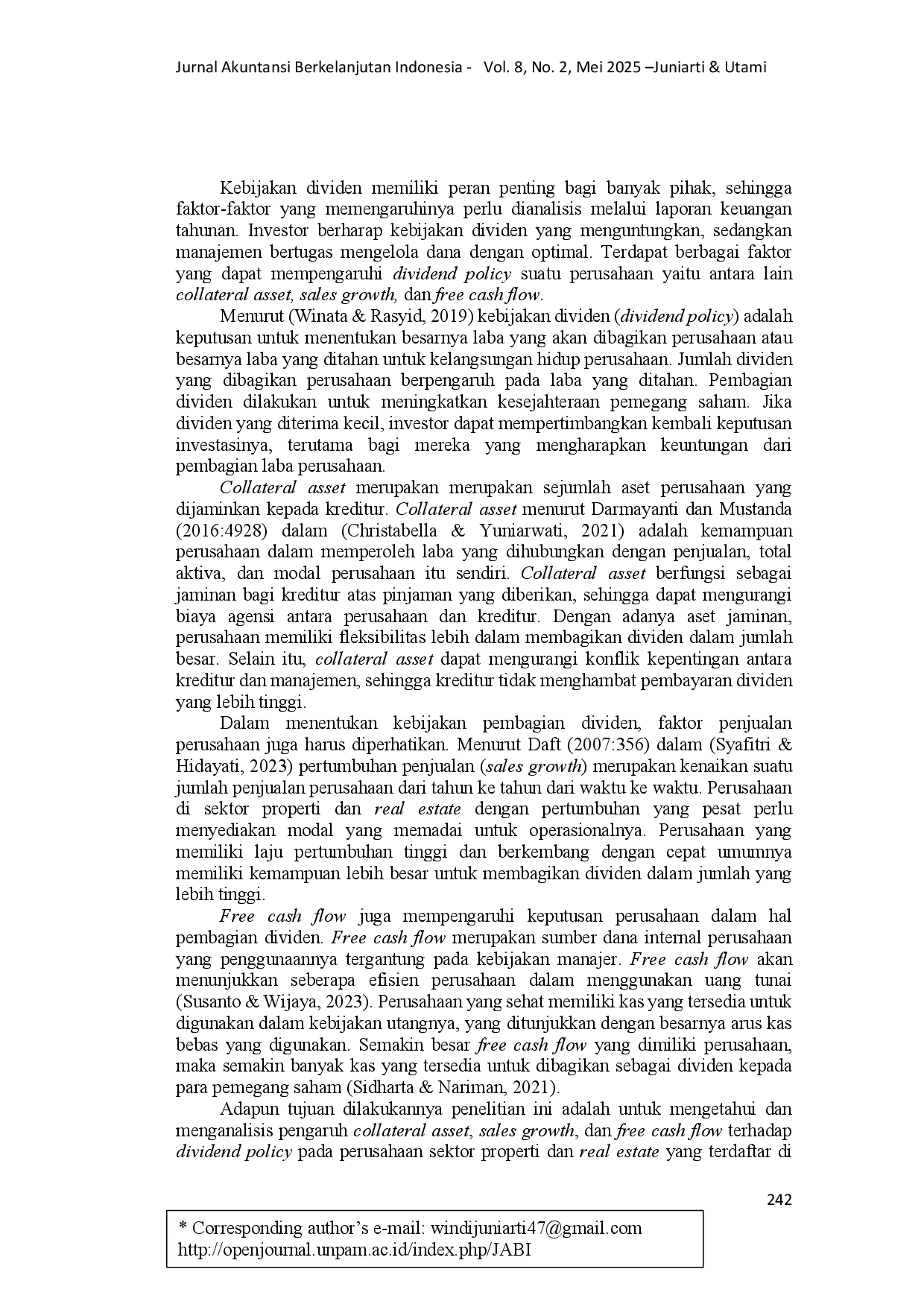 juris Pengaruh Collateral Asset Sales Growth dan Free Cash Flow Terhadap Dividend Policy
