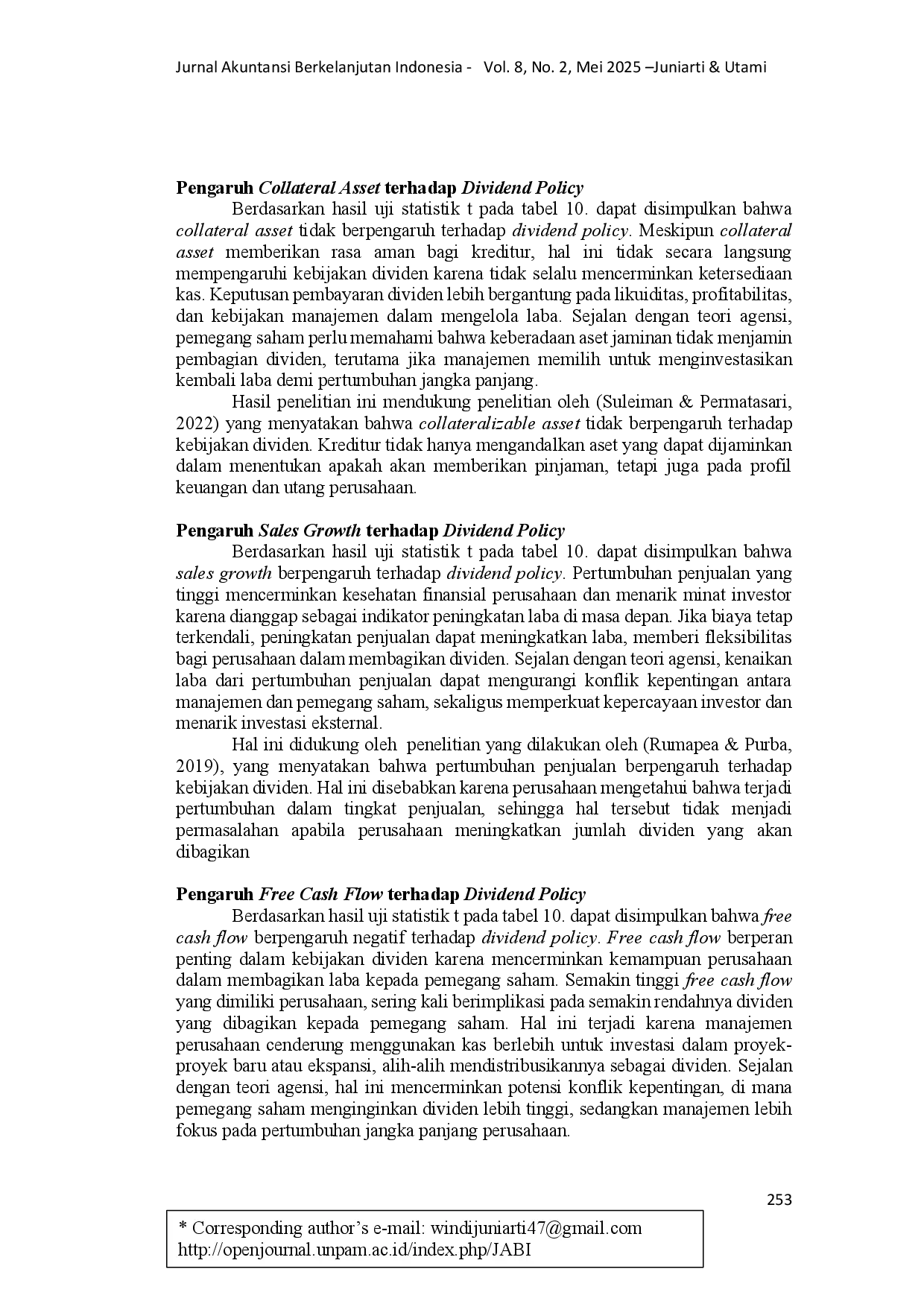 juris Pengaruh Collateral Asset Sales Growth dan Free Cash Flow Terhadap Dividend Policy