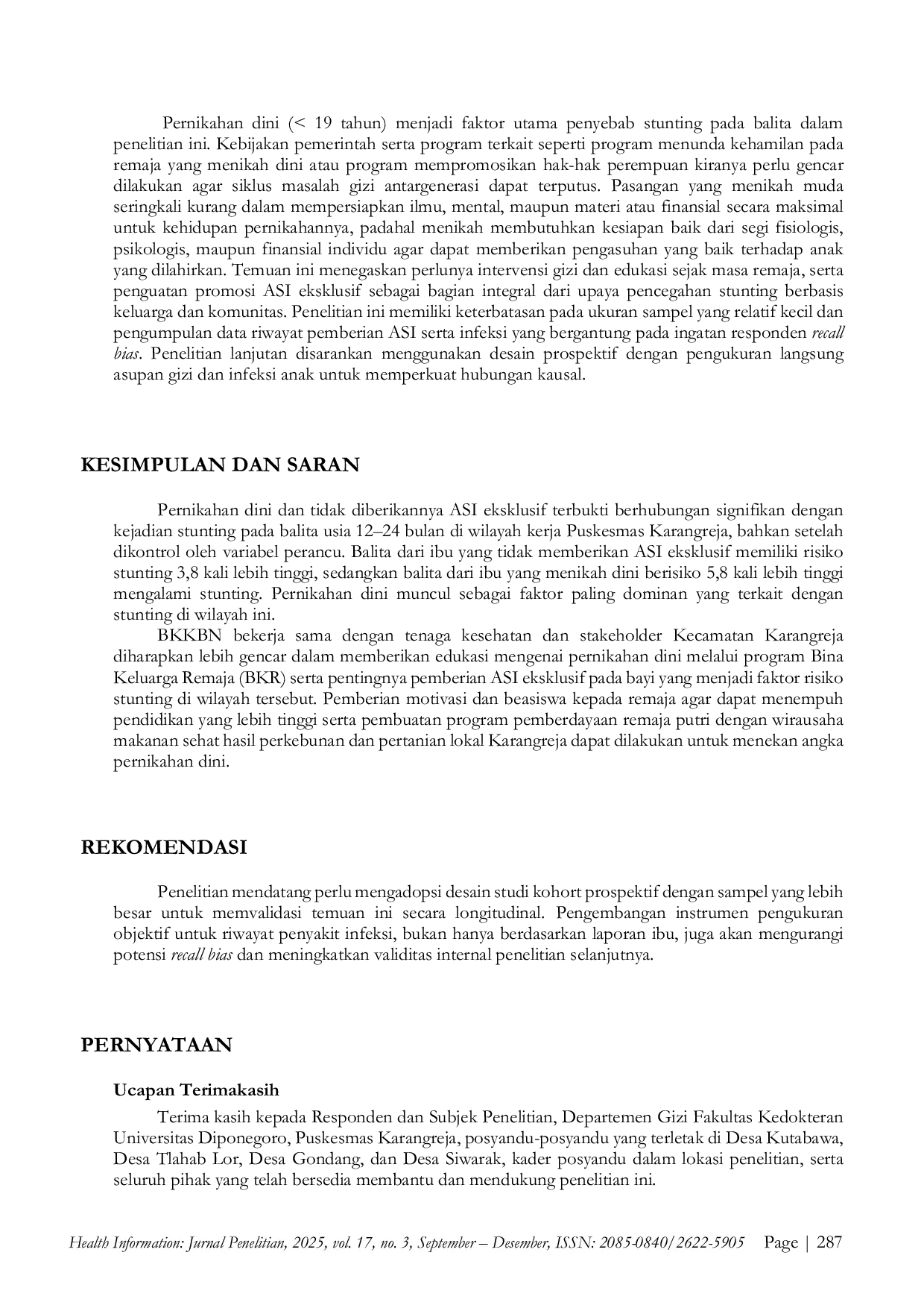 JURIS Hubungan Pernikahan Dini dan Riwayat Pemberian ASI Eksklusif dengan Kejadian Stunting pada Balita di Kecamatan Karangreja Kabupaten Purbalingga