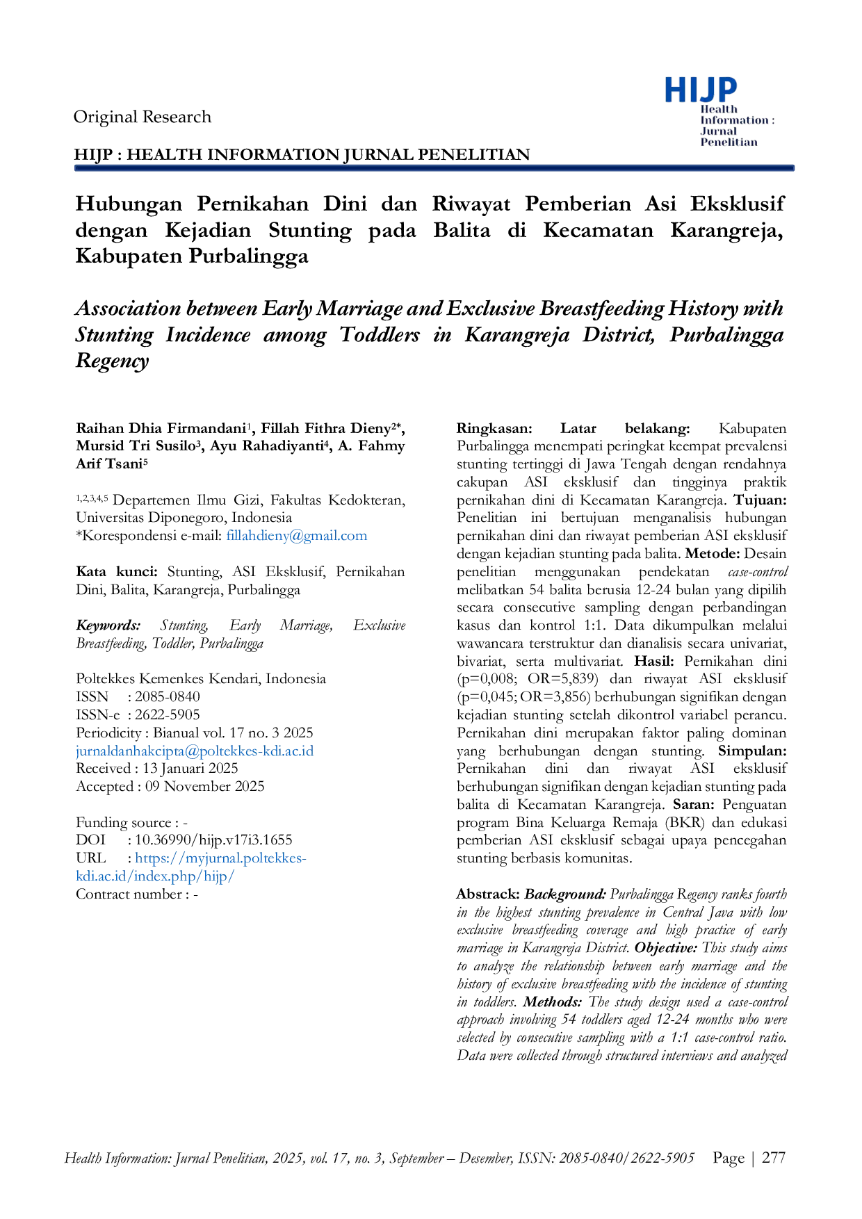 JURIS Hubungan Pernikahan Dini dan Riwayat Pemberian ASI Eksklusif dengan Kejadian Stunting pada Balita di Kecamatan Karangreja Kabupaten Purbalingga