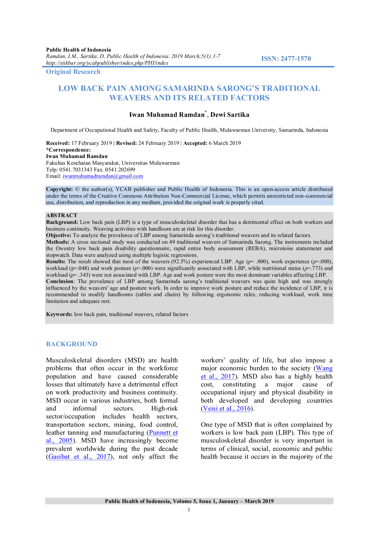 JURIS Low Back Pain Among Samarinda Sarong s Traditional Weavers And Its Related Factors