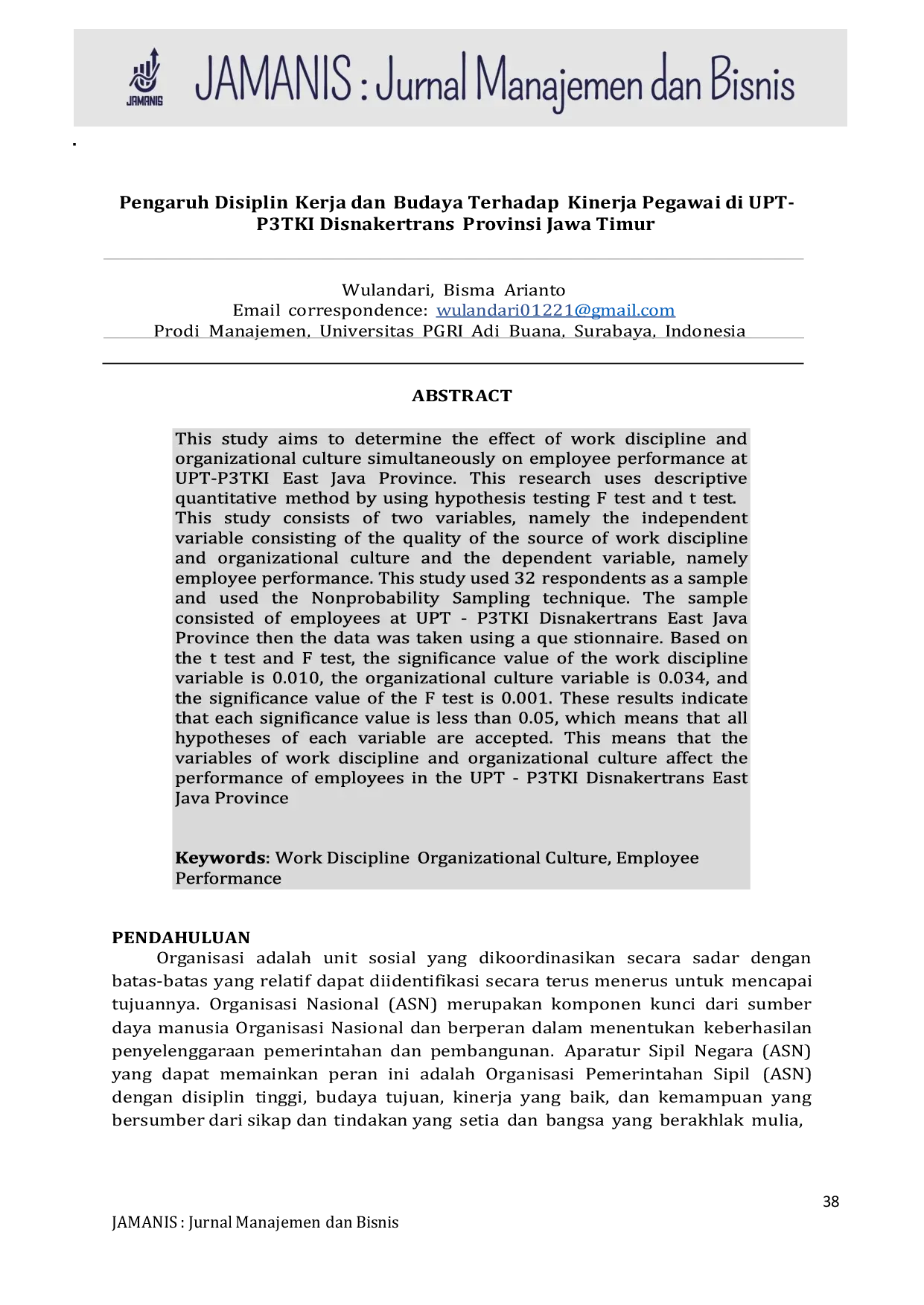 JURIS Pengaruh Disiplin Kerja dan Budaya Terhadap Kinerja Pegawai di UPT P3TKI Disnakertrans Provinsi Jawa Timur