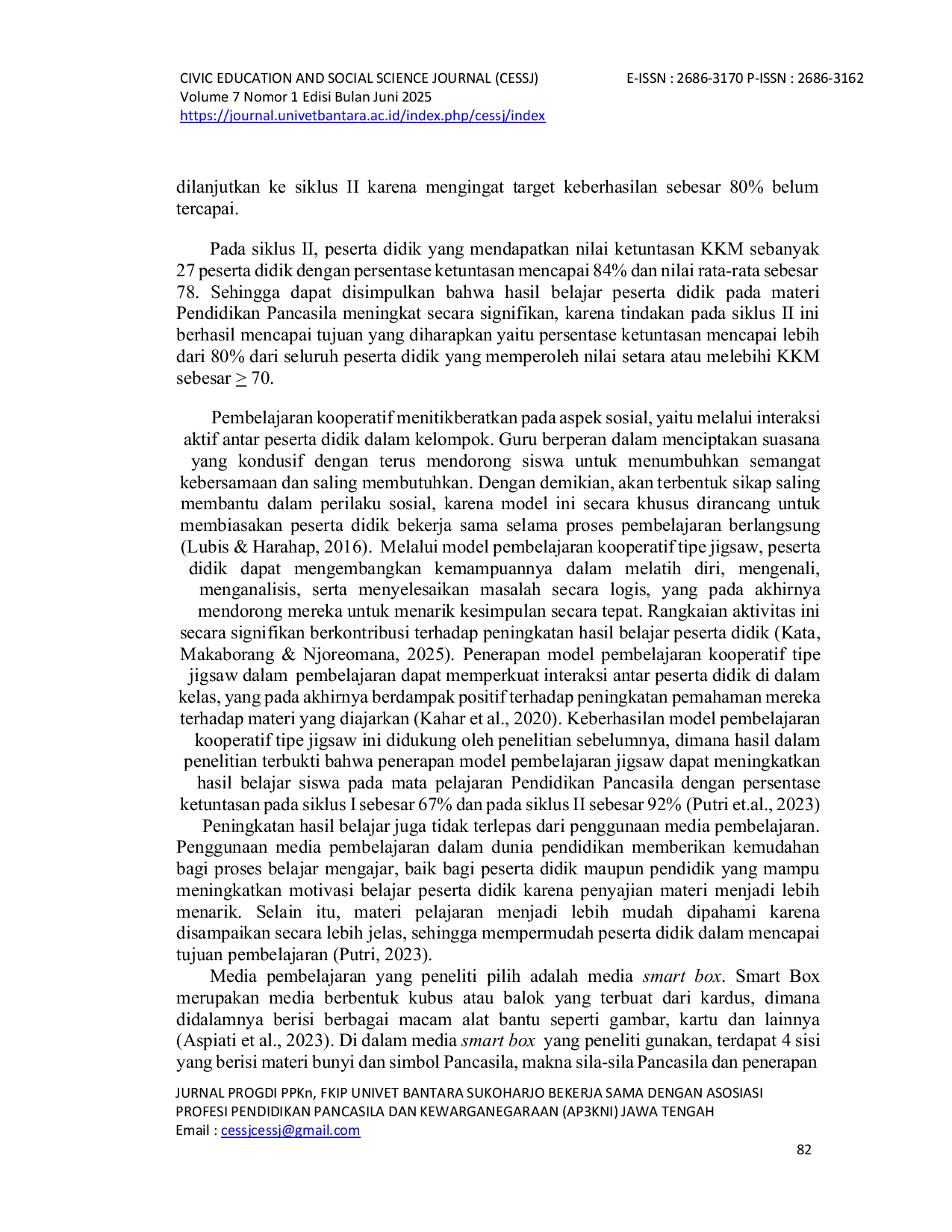 JURIS Penerapan Model Pembelajaran Kooperatif Tipe Jigsaw Berbantuan Media Smart Box Untuk Meningkatkan Hasil Belajar Pendidikan Pancasila