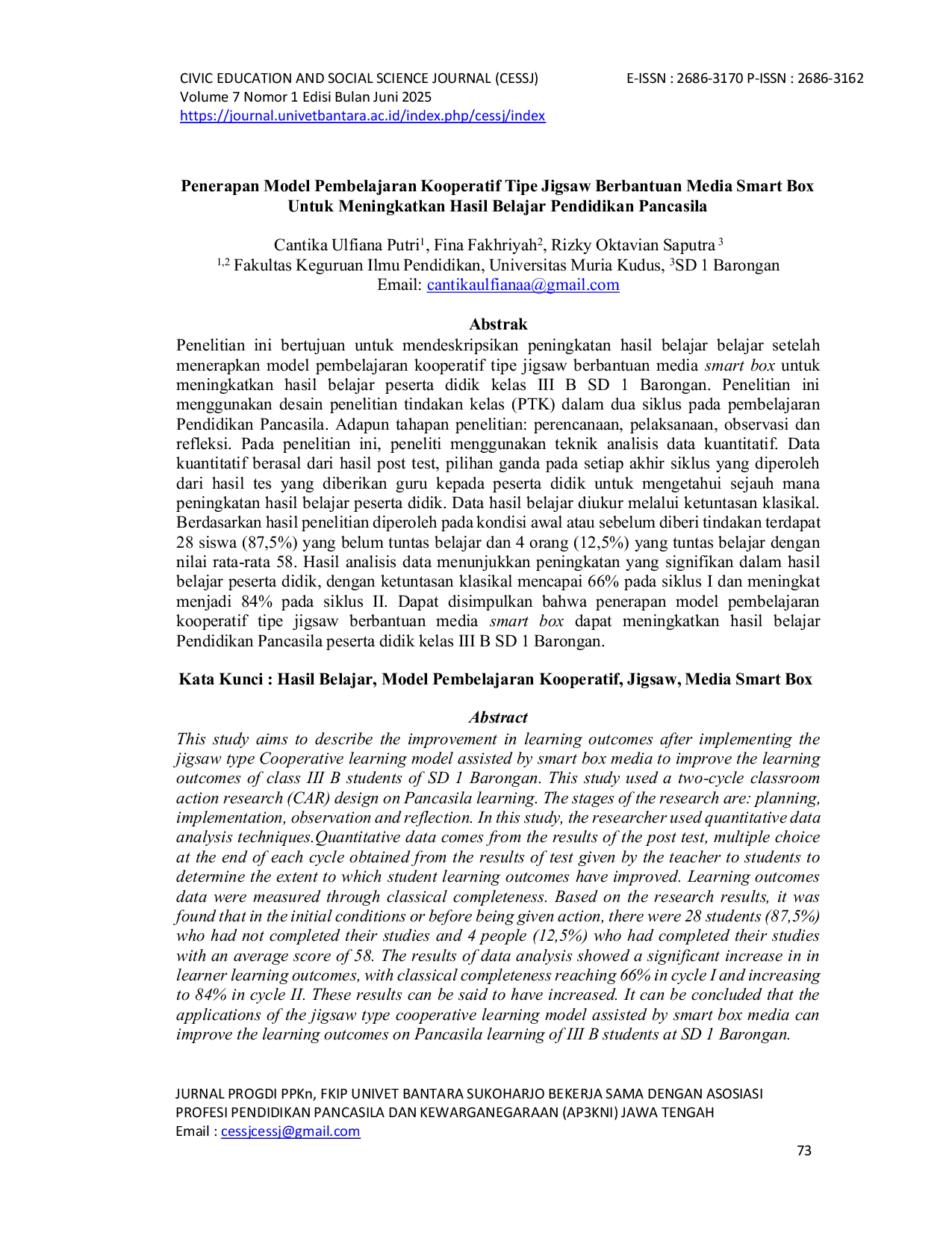 JURIS Penerapan Model Pembelajaran Kooperatif Tipe Jigsaw Berbantuan Media Smart Box Untuk Meningkatkan Hasil Belajar Pendidikan Pancasila