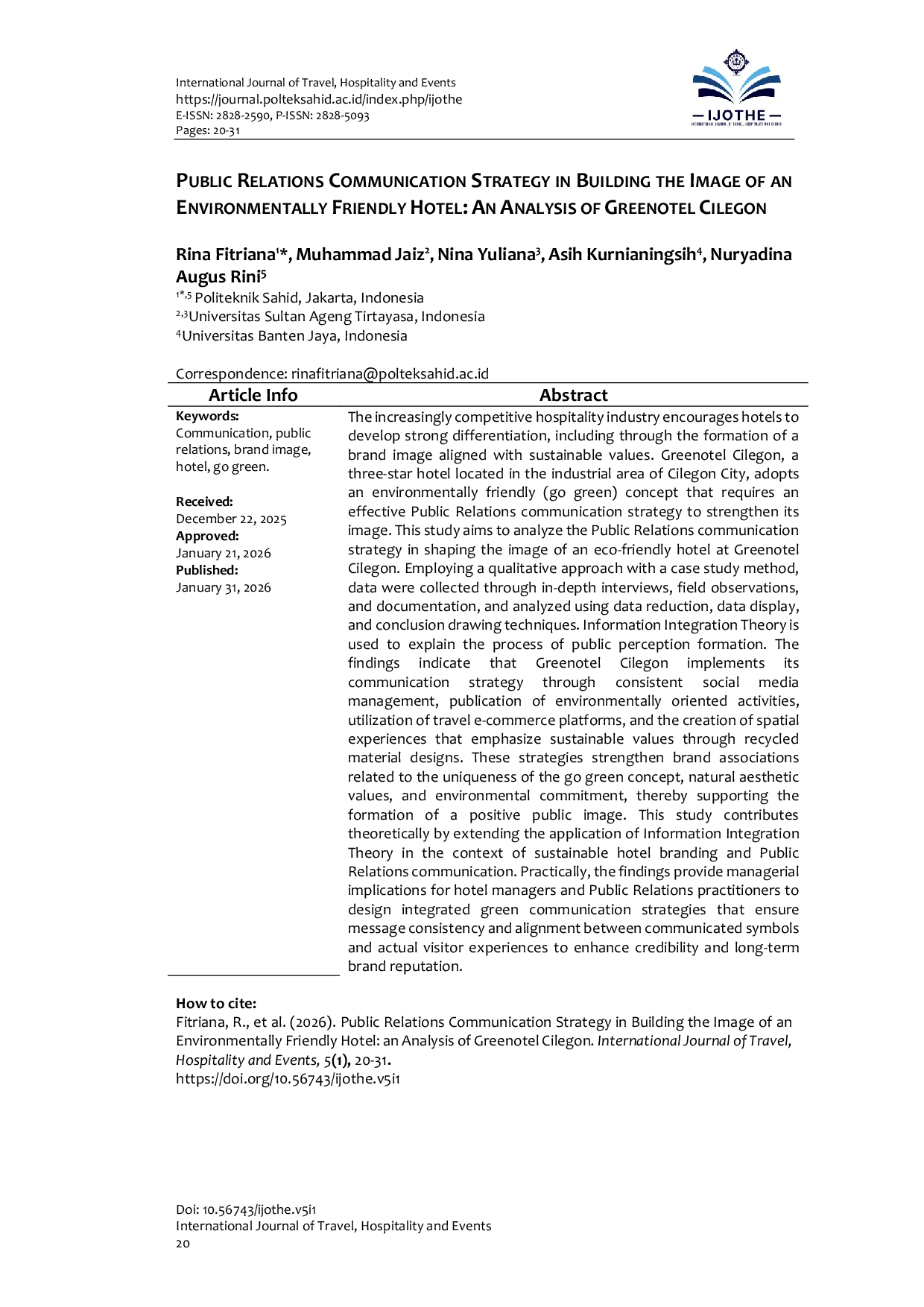 JURIS Public Relations Communication Strategy in Building the Image of an Environmentally Friendly Hotel an Analysis of Greenotel Cilegon