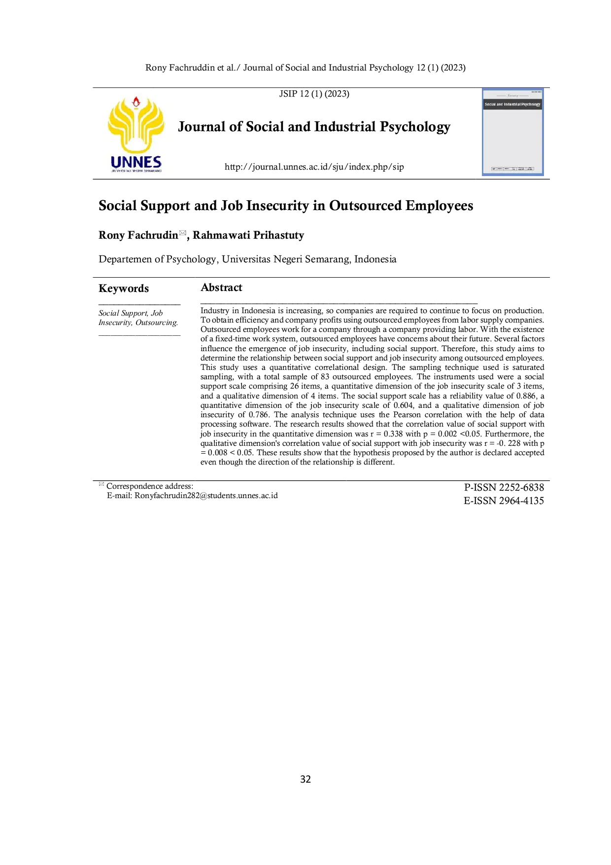 JURIS Social Support and Job Insecurity in Outsourced Employees