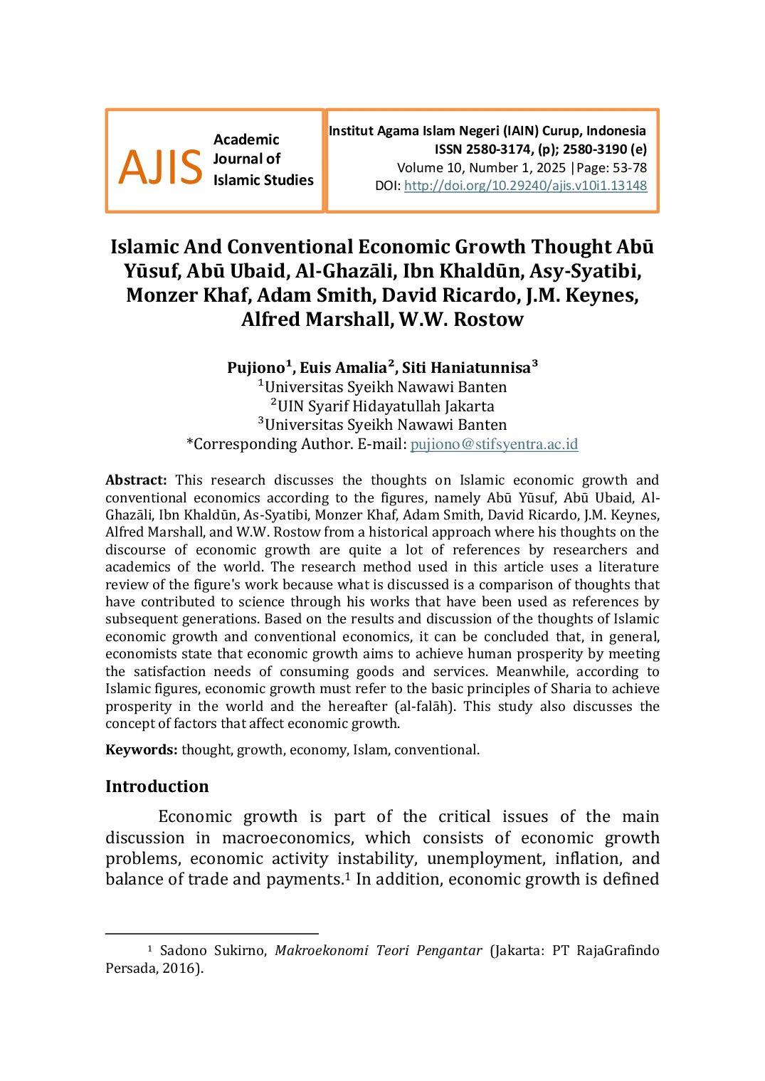 JURIS Islamic And Conventional Economic Growth Thought Ab Ysuf Ab Ubaid Al GhazAli Ibn Khaldn Asy Syatibi Monzer Khaf Adam Smith David Ricardo J M Keynes Alfred Marshall W W Rostow