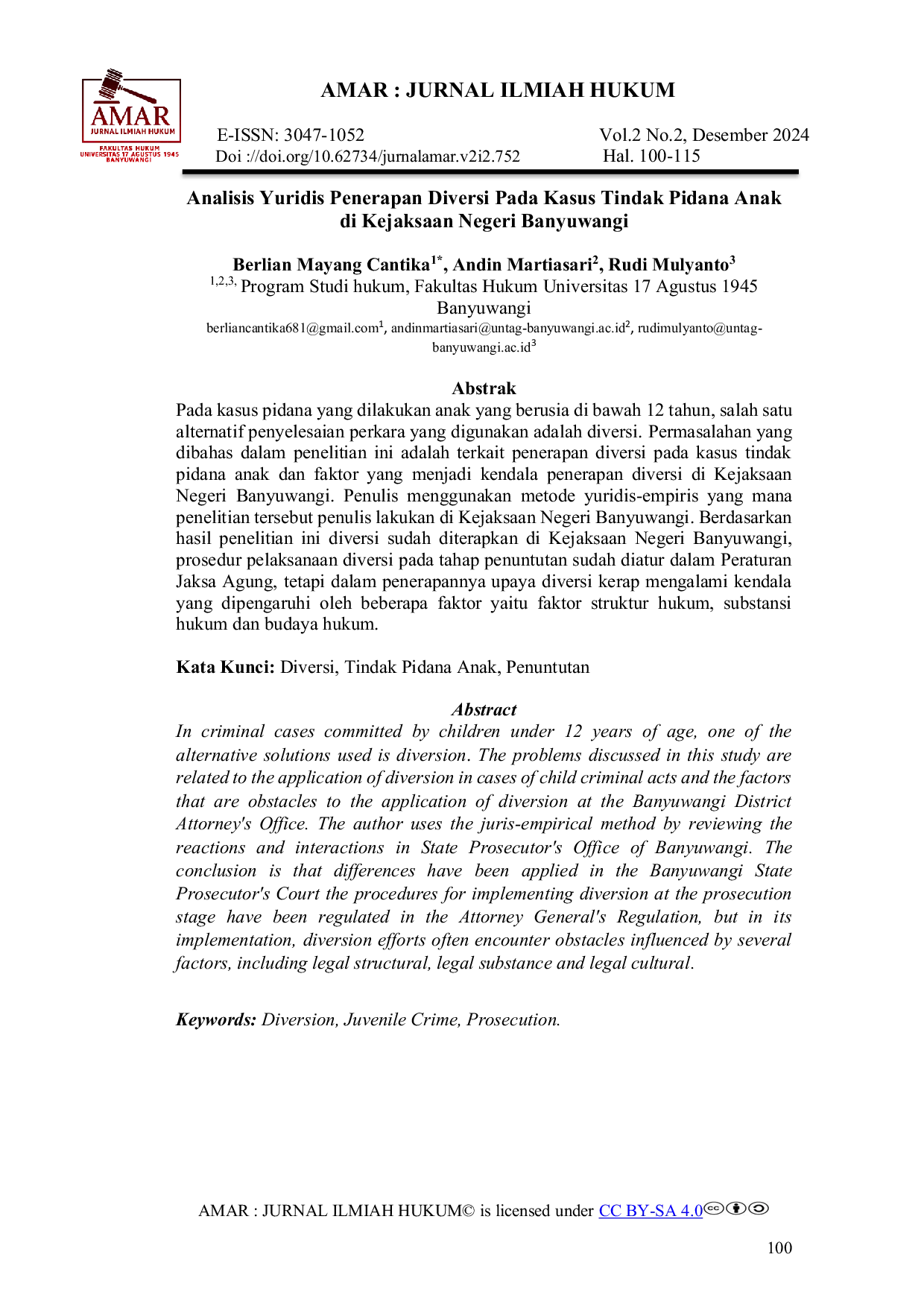 JURIS Analisis Yuridis Penerapan Diversi Pada Kasus Tindak Pidana Anak di Kejaksaan Negeri Banyuwangi