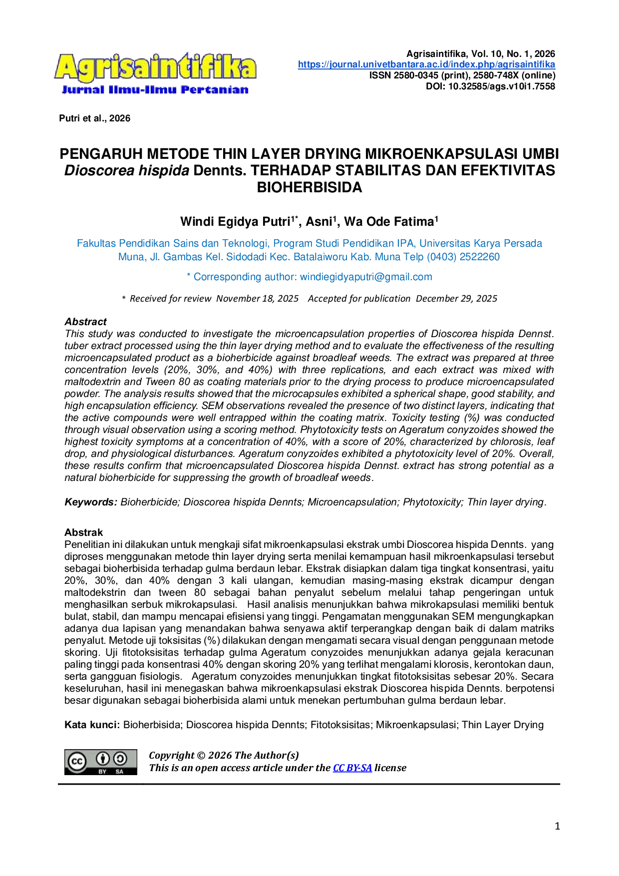 JURIS THE EFFECT OF MICROENCAPSULATION METHOD OF THIN LAYER DRYING OF Dioscorea hispida Dennts TUBERS ON THE STABILITY AND EFFECTIVENESS OF BIOHERBICIDES