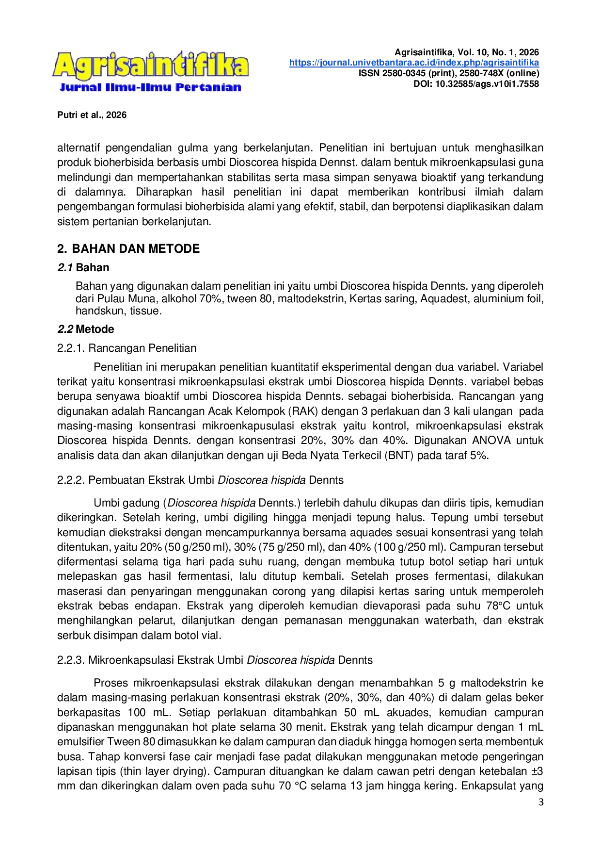 JURIS THE EFFECT OF MICROENCAPSULATION METHOD OF THIN LAYER DRYING OF Dioscorea hispida Dennts TUBERS ON THE STABILITY AND EFFECTIVENESS OF BIOHERBICIDES