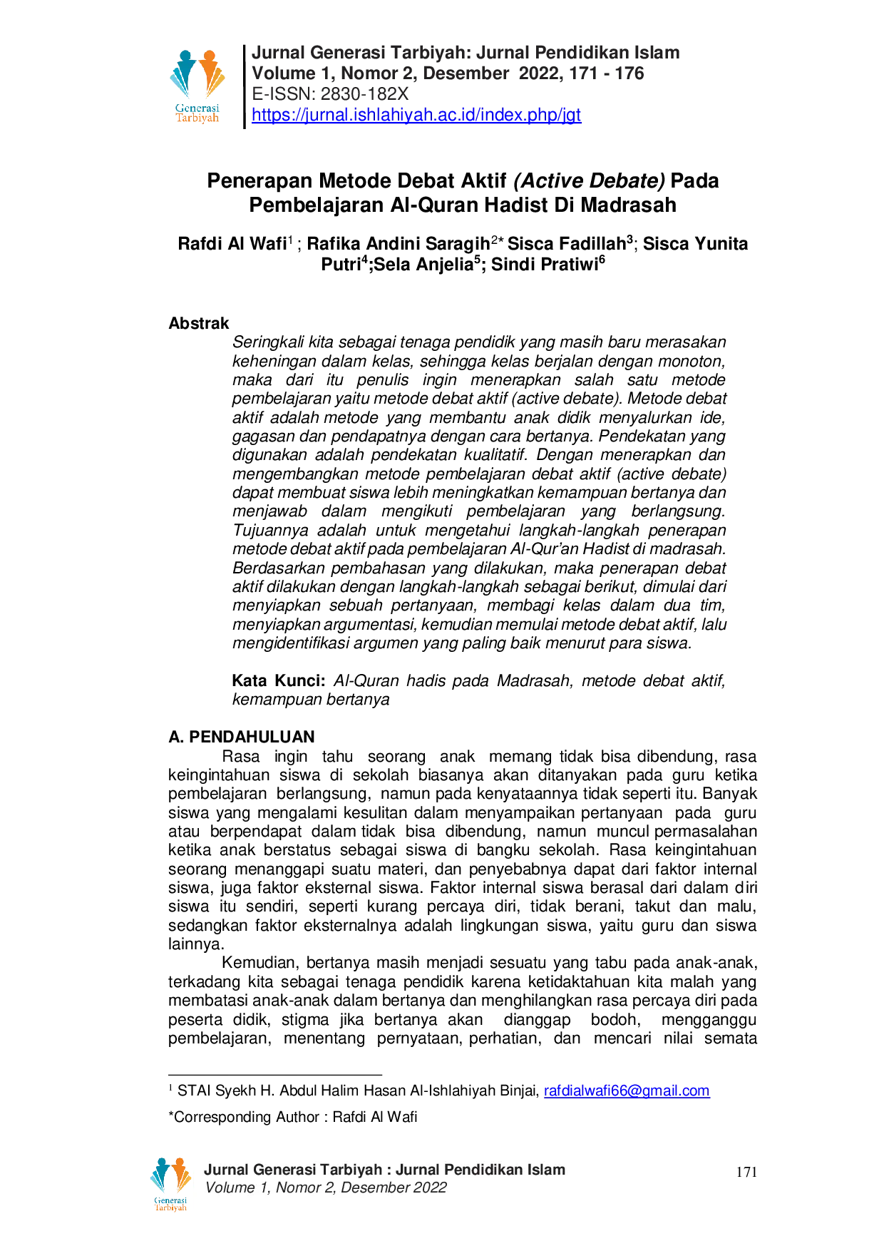 JURIS Penerapan Metode Debat Aktif Active Debate Pada Pembelajaran Al Quran Hadist Di Madrasah