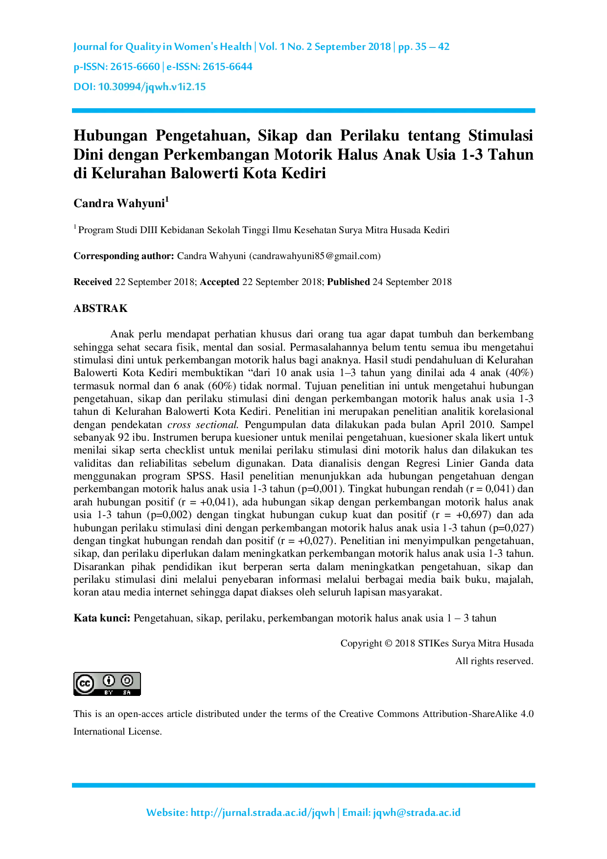 JURIS Hubungan Pengetahuan Sikap dan Perilaku tentang Stimulasi Dini dengan Perkembangan Motorik Halus Anak Usia 1 3 Tahun di Kelurahan Balowerti Kota Kediri