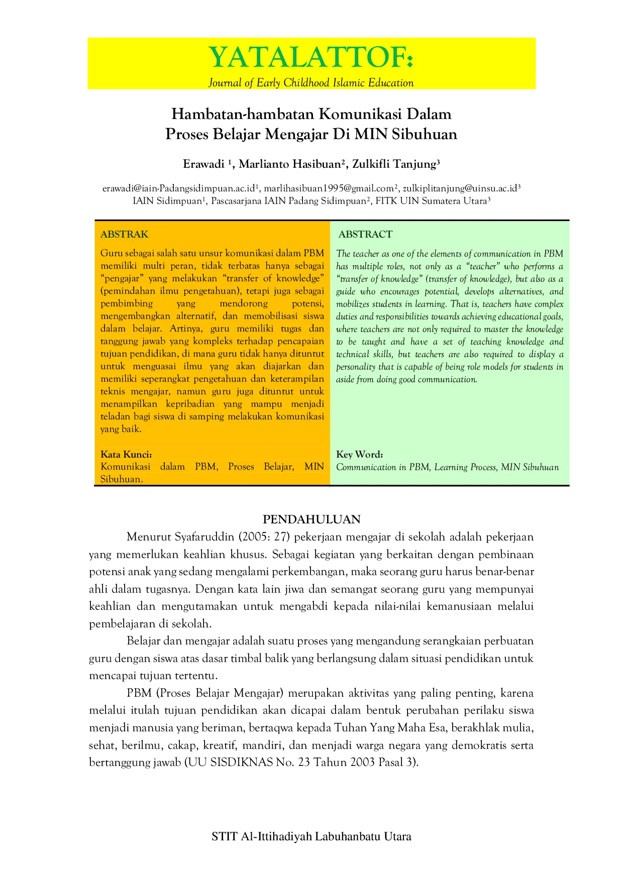 JURIS Hambatan hambatan Komunikasi Dalam Proses Belajar Mengajar Di MIN Sibuhuan