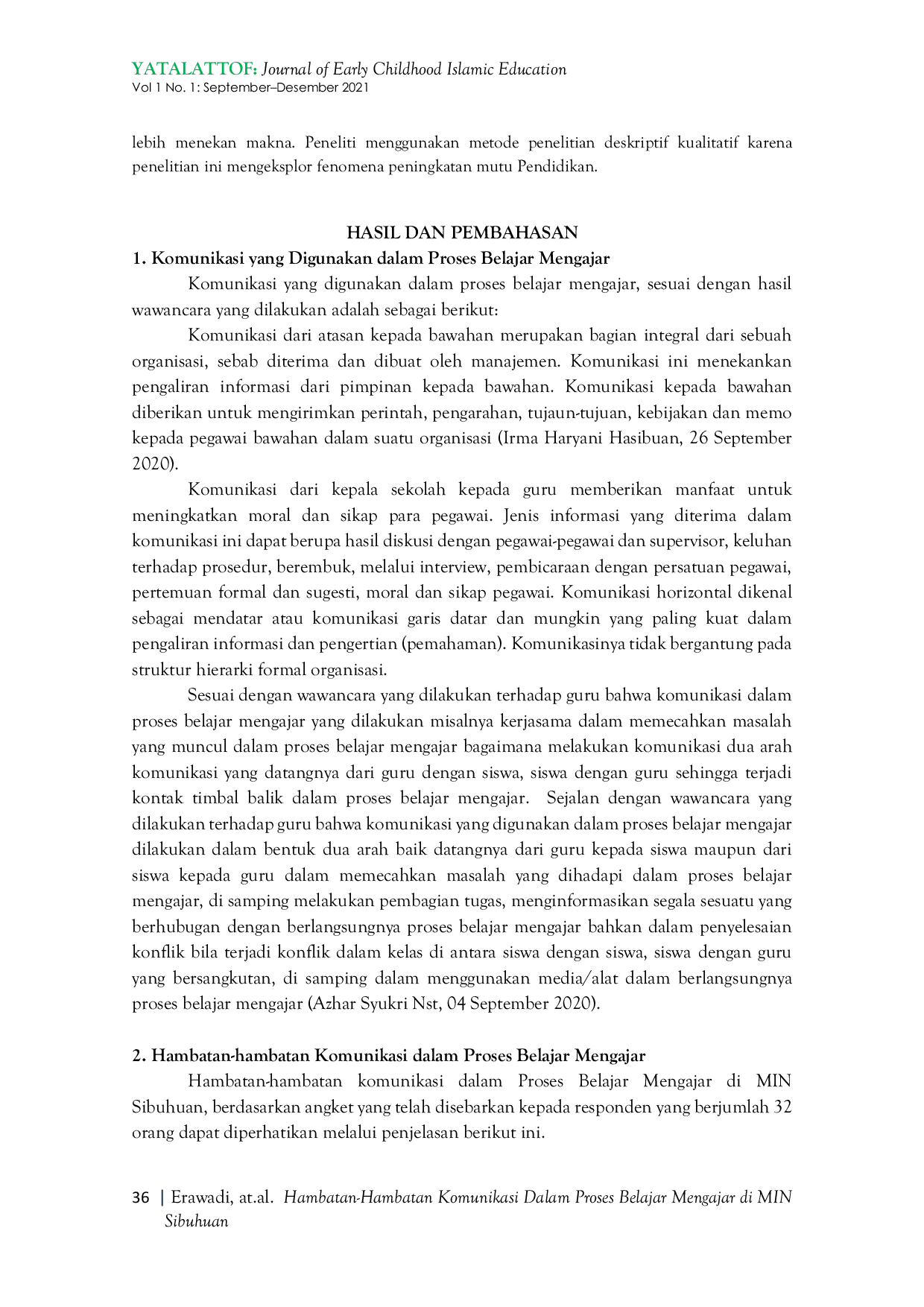 JURIS Hambatan hambatan Komunikasi Dalam Proses Belajar Mengajar Di MIN Sibuhuan