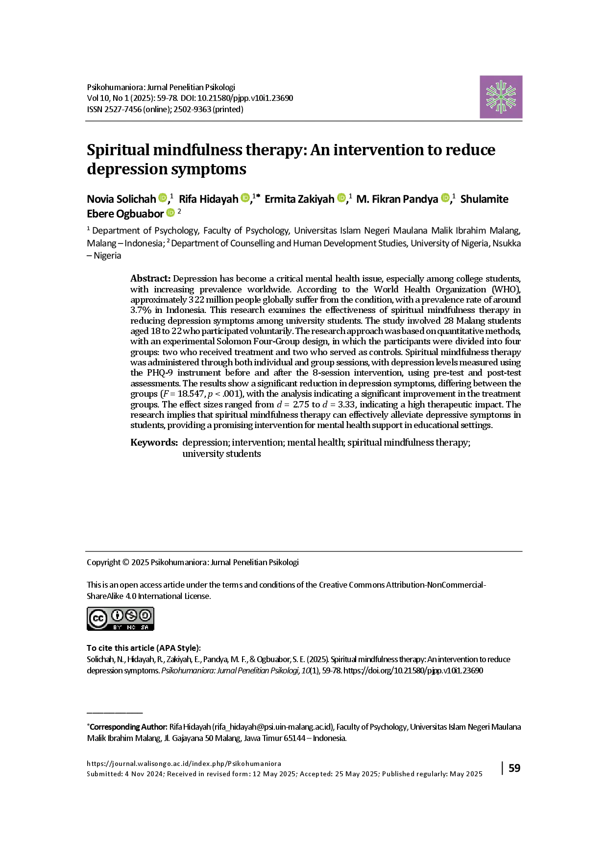 juris Spiritual mindfulness therapy An intervention to reduce depression symptoms