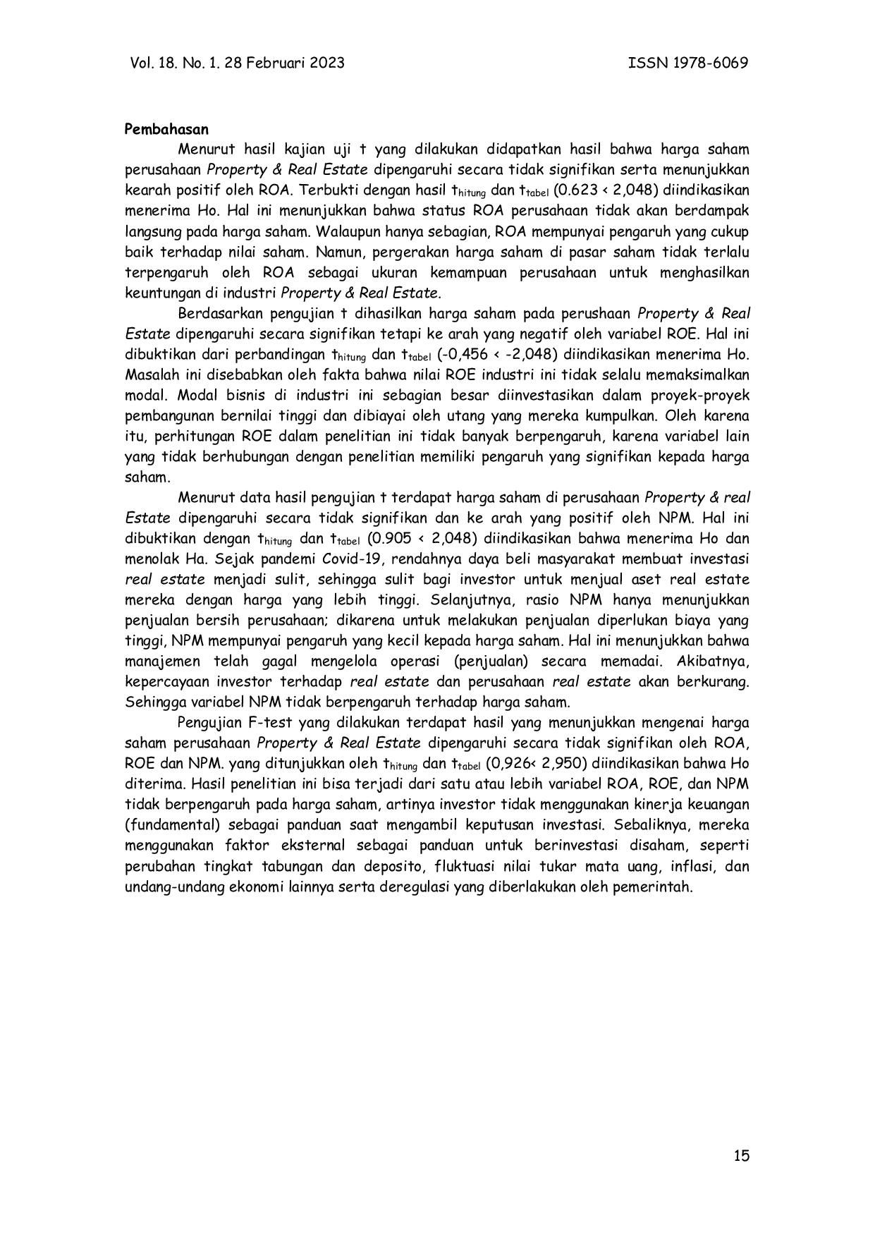 JURIS Analisis Pengaruh ROA ROE dan NPM Terhadap Harga Saham Studi Pada Perusahaan Property dan Real Estate LQ45 di BEI Periode 2018 2021